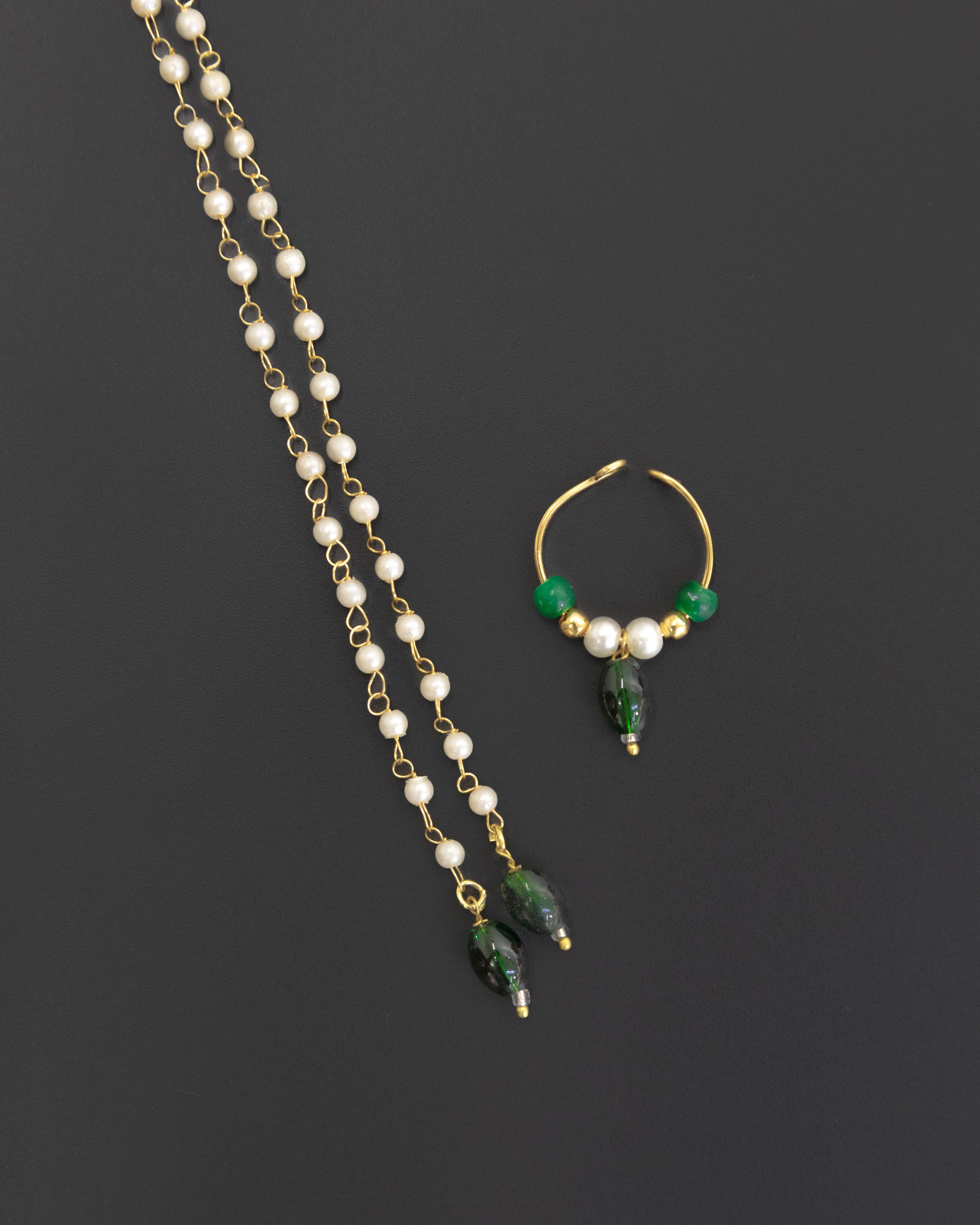 Pearls with Green glass beads Mundavali and bhikbali combo for batu/groom