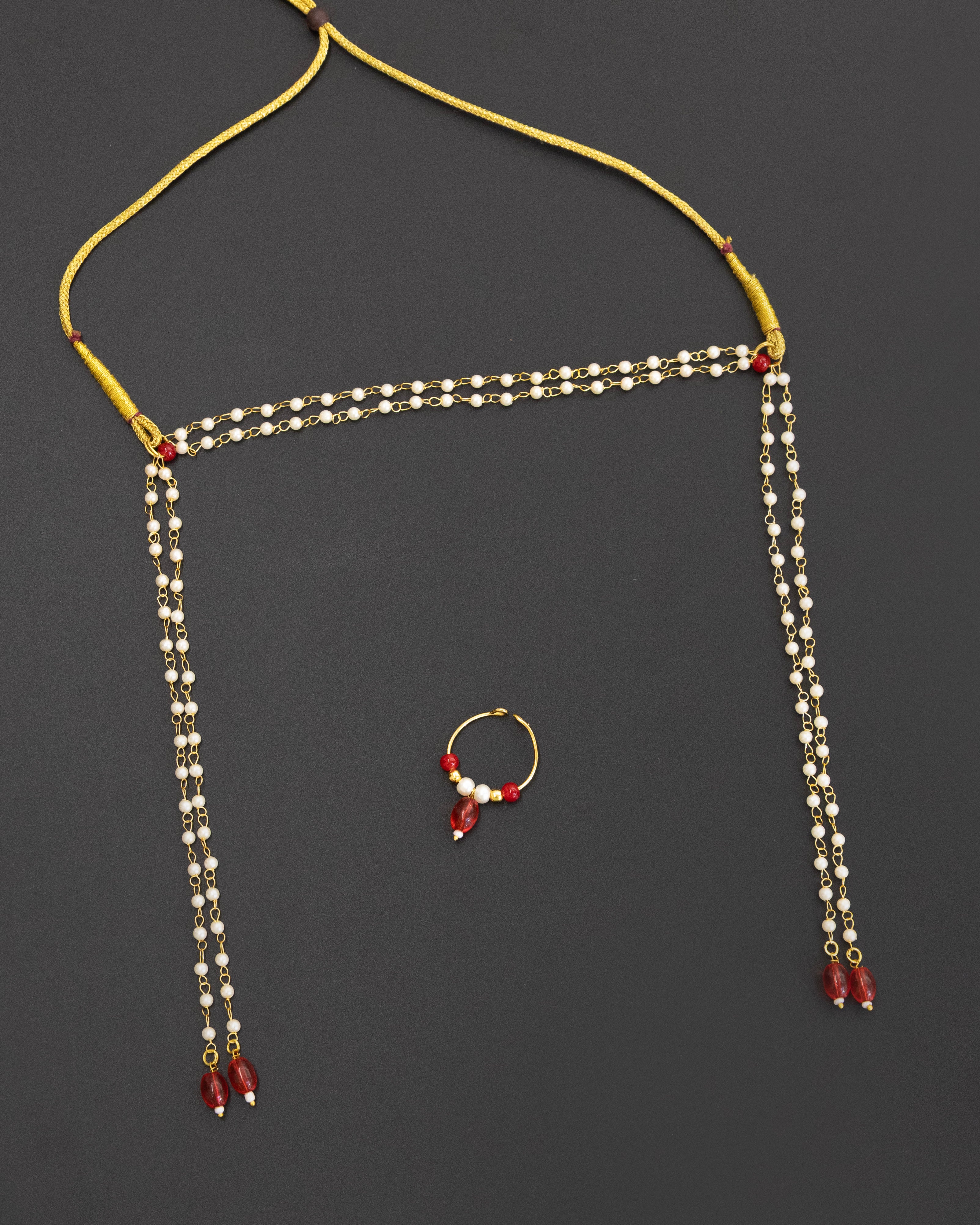 Pearls with Red glass beads Mundavali and bhikbali combo for batu/groom