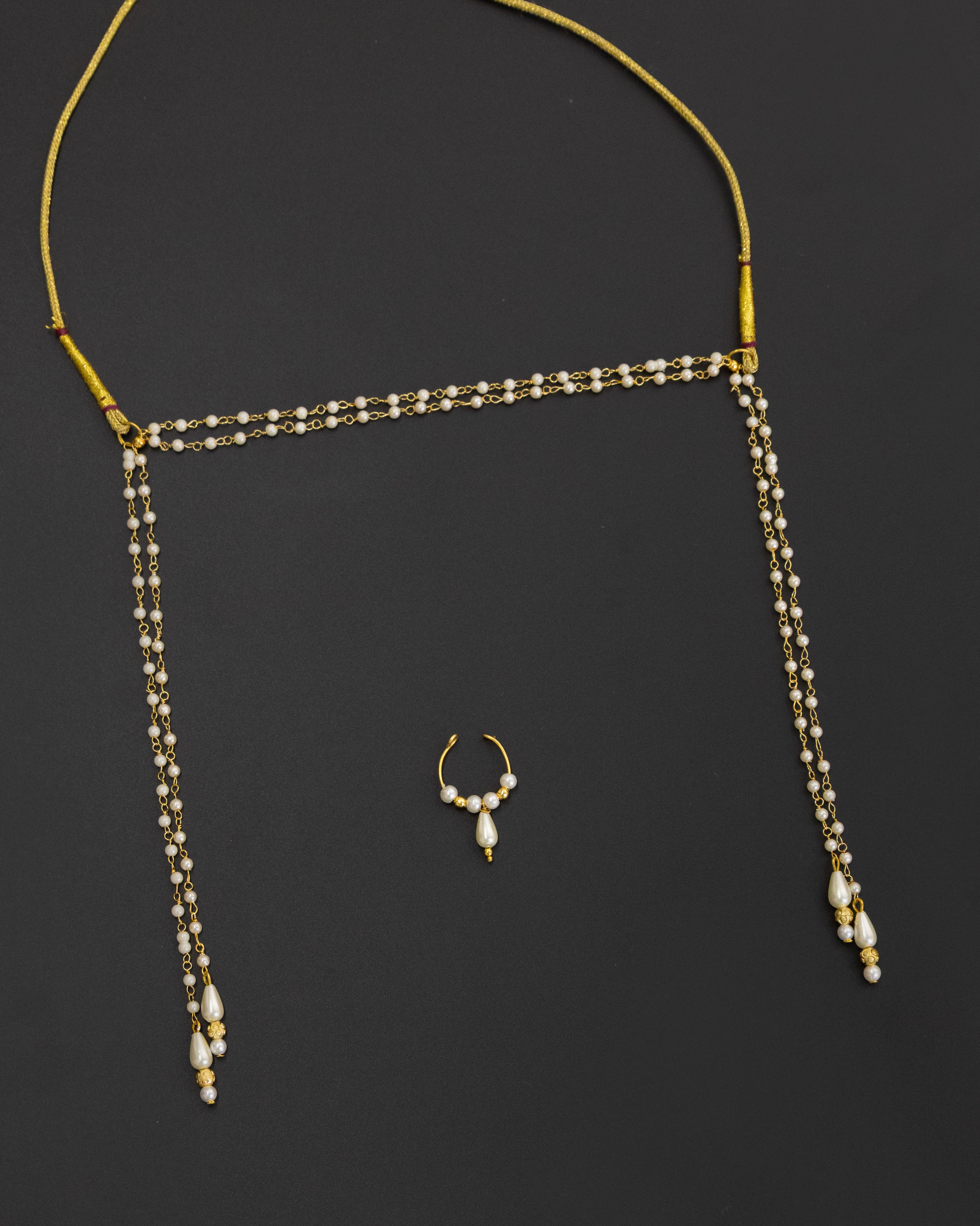 Pearls Mundavalya with Drop Shaped Pearls with Golden Findings and Pearl Bhikbali Combo for Batu/Groom