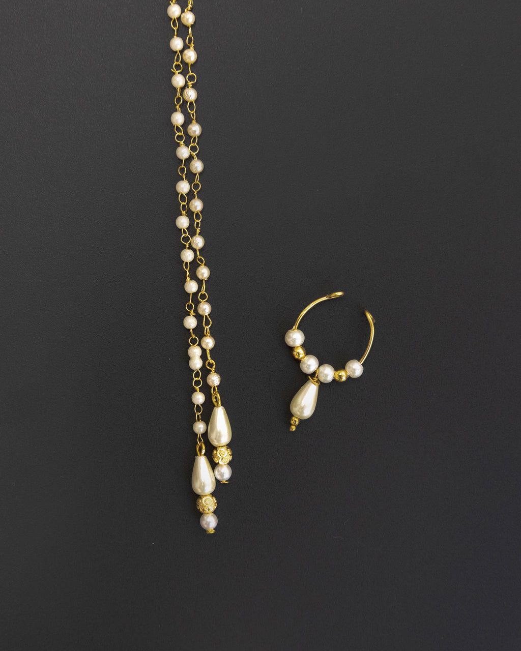 Pearls Mundavalya with Drop Shaped Pearls with Golden Findings and Pearl Bhikbali Combo for Batu/Groom