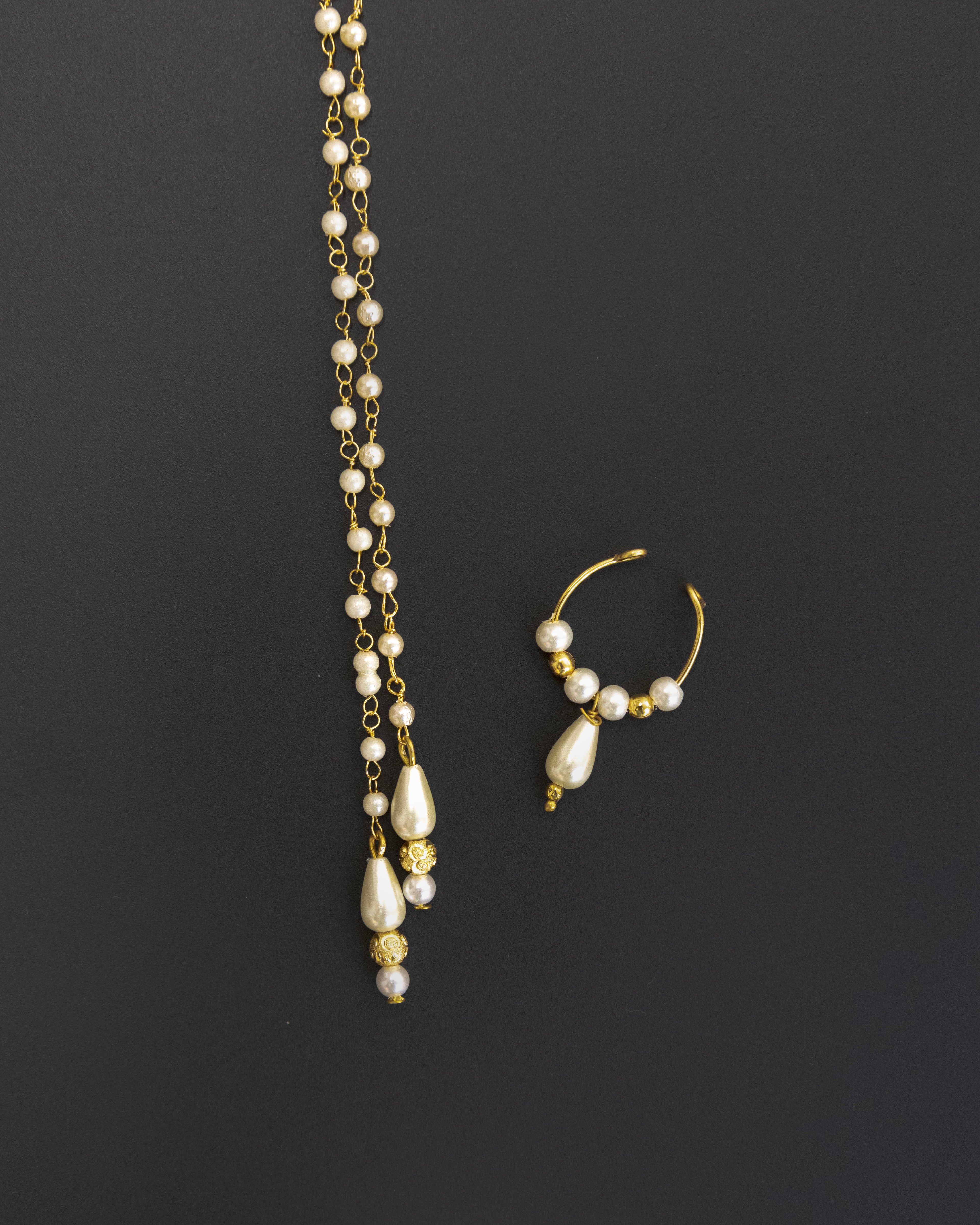 Pearls Mundavalya with Drop Shaped Pearls with Golden Findings and Pearl Bhikbali Combo for Batu/Groom