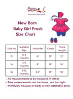 Baby girl frock size chart with measurements and a sample dress illustration on a white background.