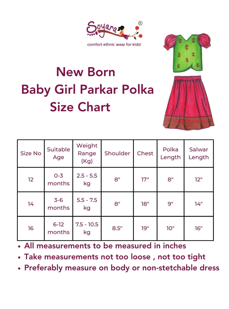 Nandini Set - Red Brocade silk Paithani border Ghagra with front open Green slub silk choli with puff sleeves for New born baby girl