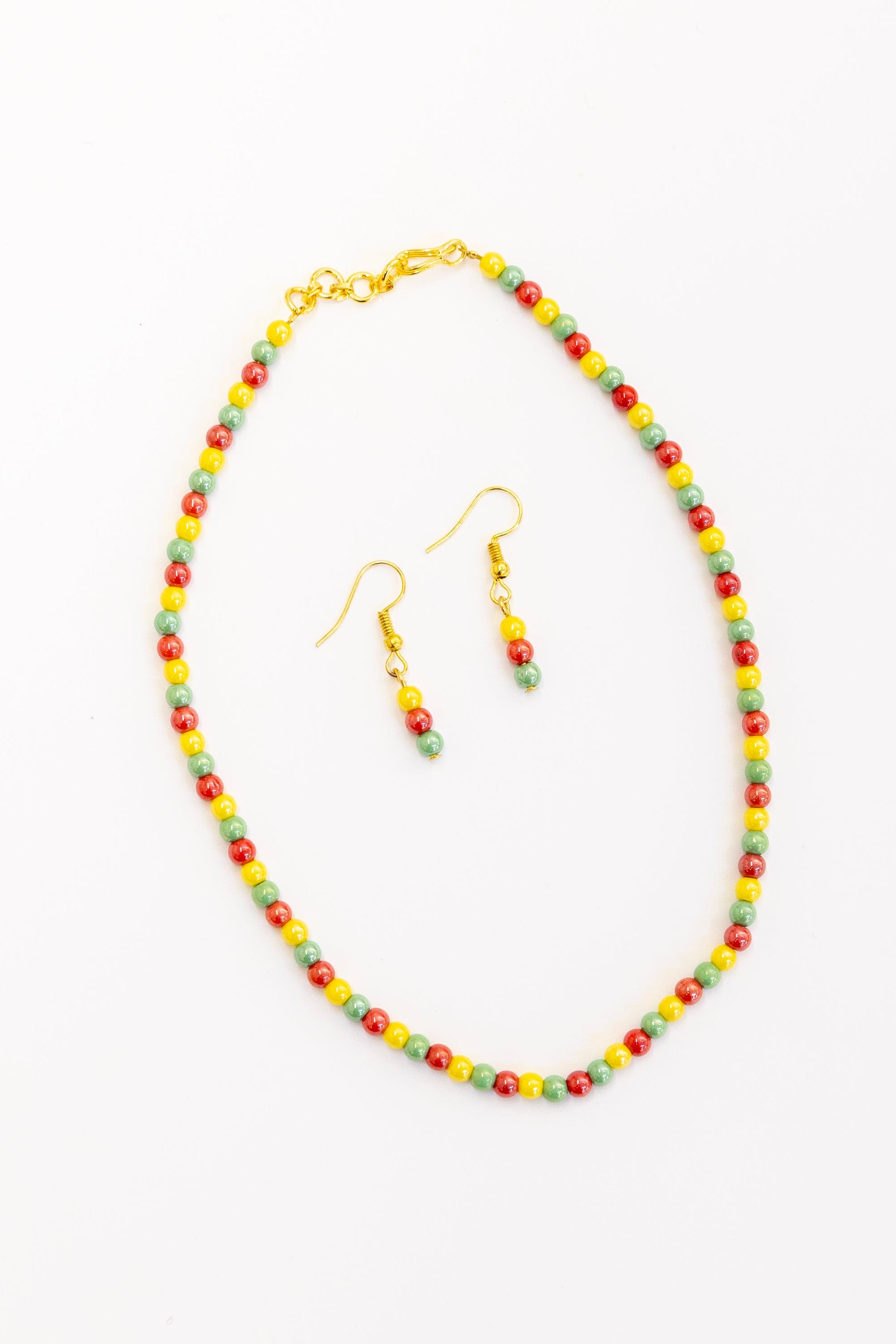 Shimmering Glass Pearls necklace set with earrings - Red , Green and Yellow combination for Girls