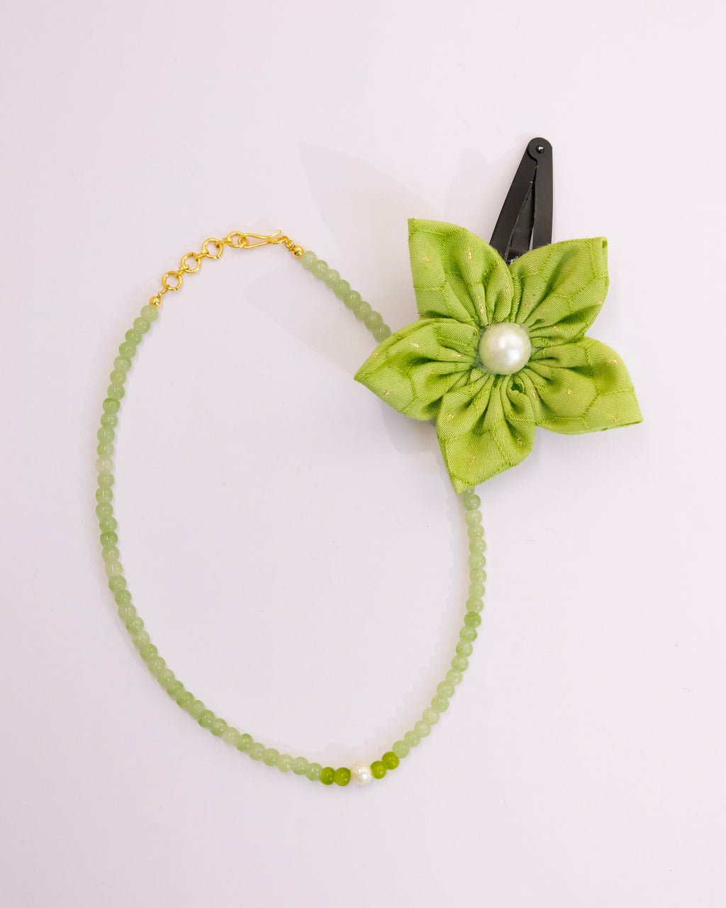 Sadabahar set - Lime Green Glass beads necklace and matching flower clip for Girls