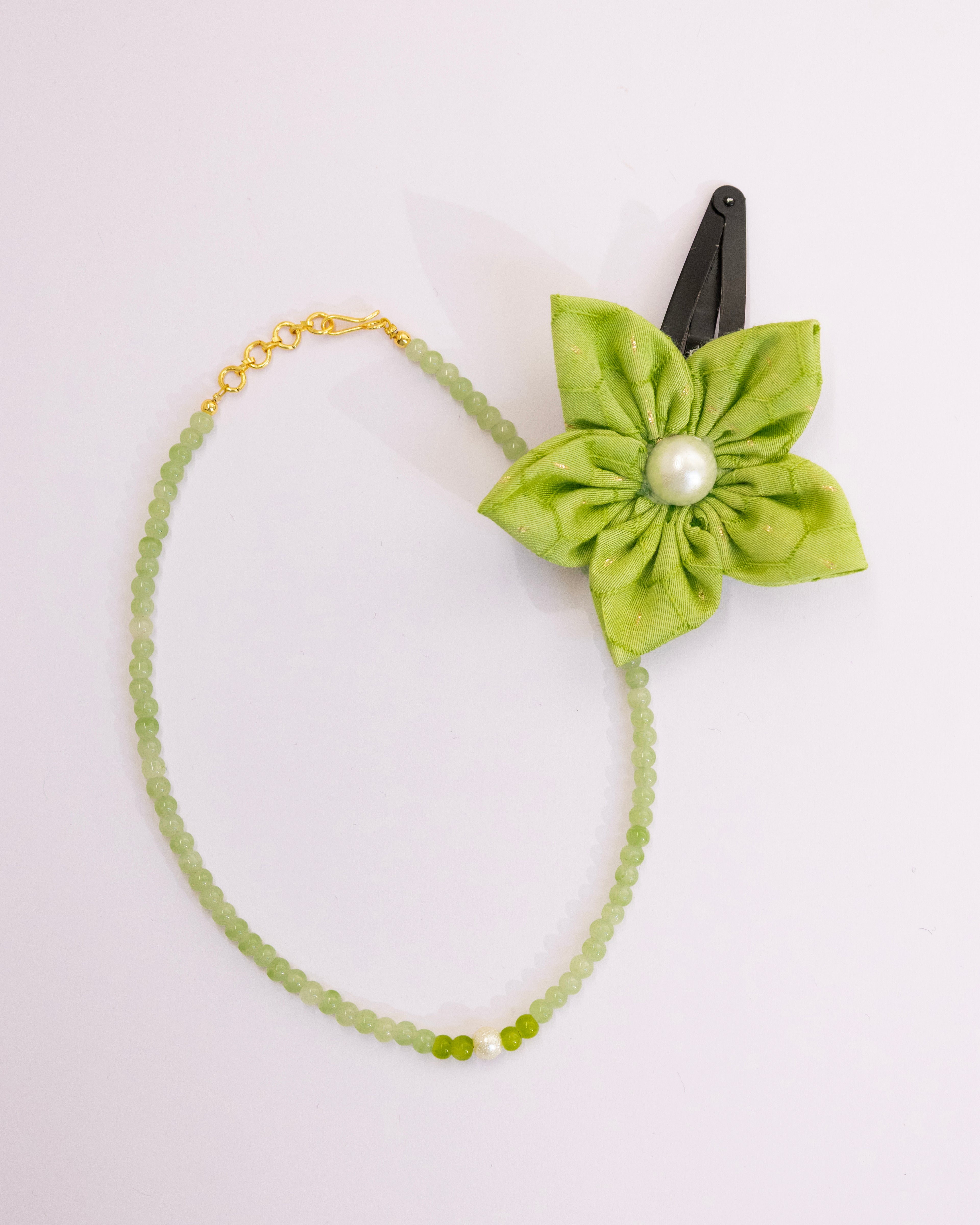 Sadabahar set - Lime Green Glass beads necklace and matching flower clip for Girls