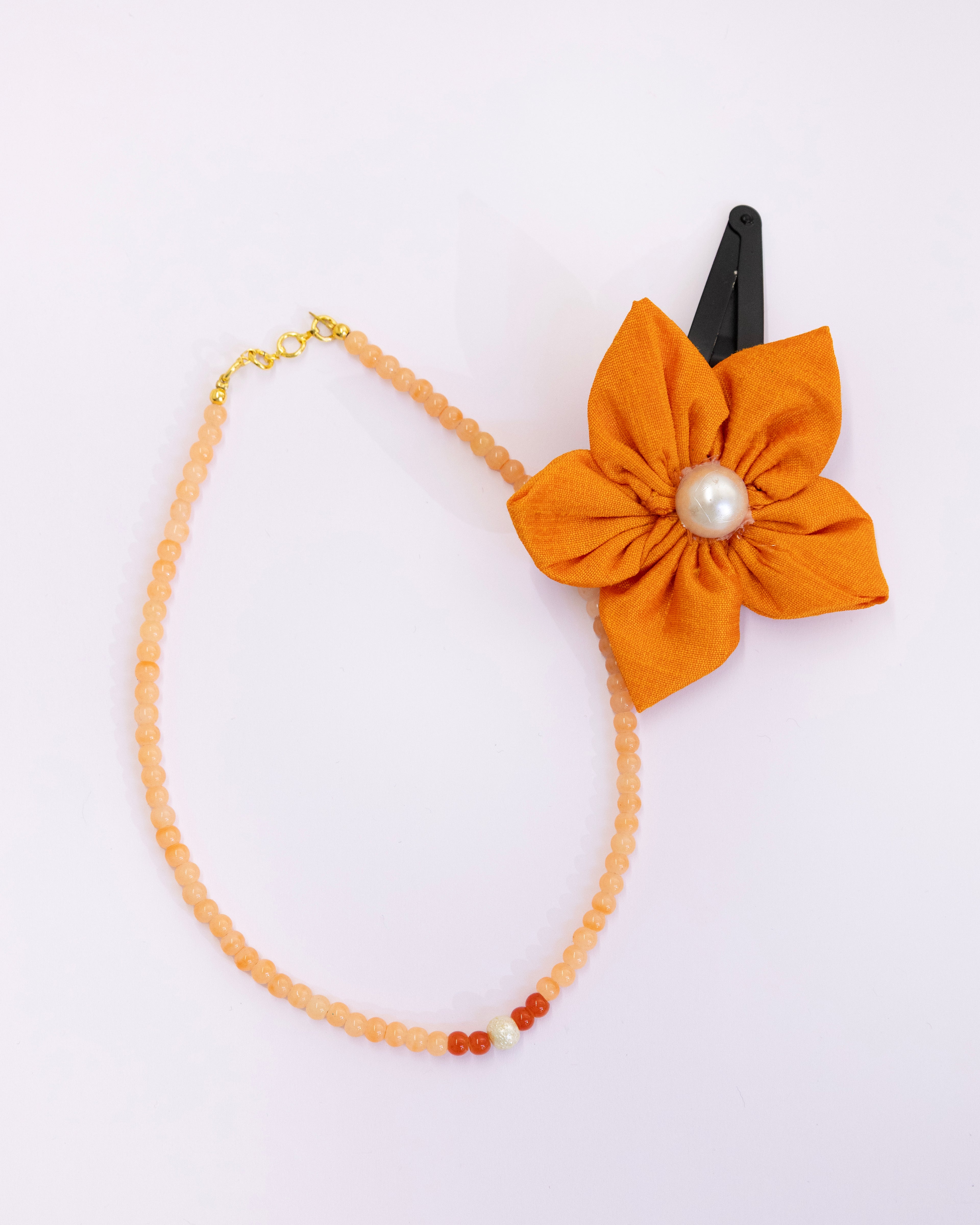 Sadabahar set - Orange Glass beads necklace and matching flower clip for Girls
