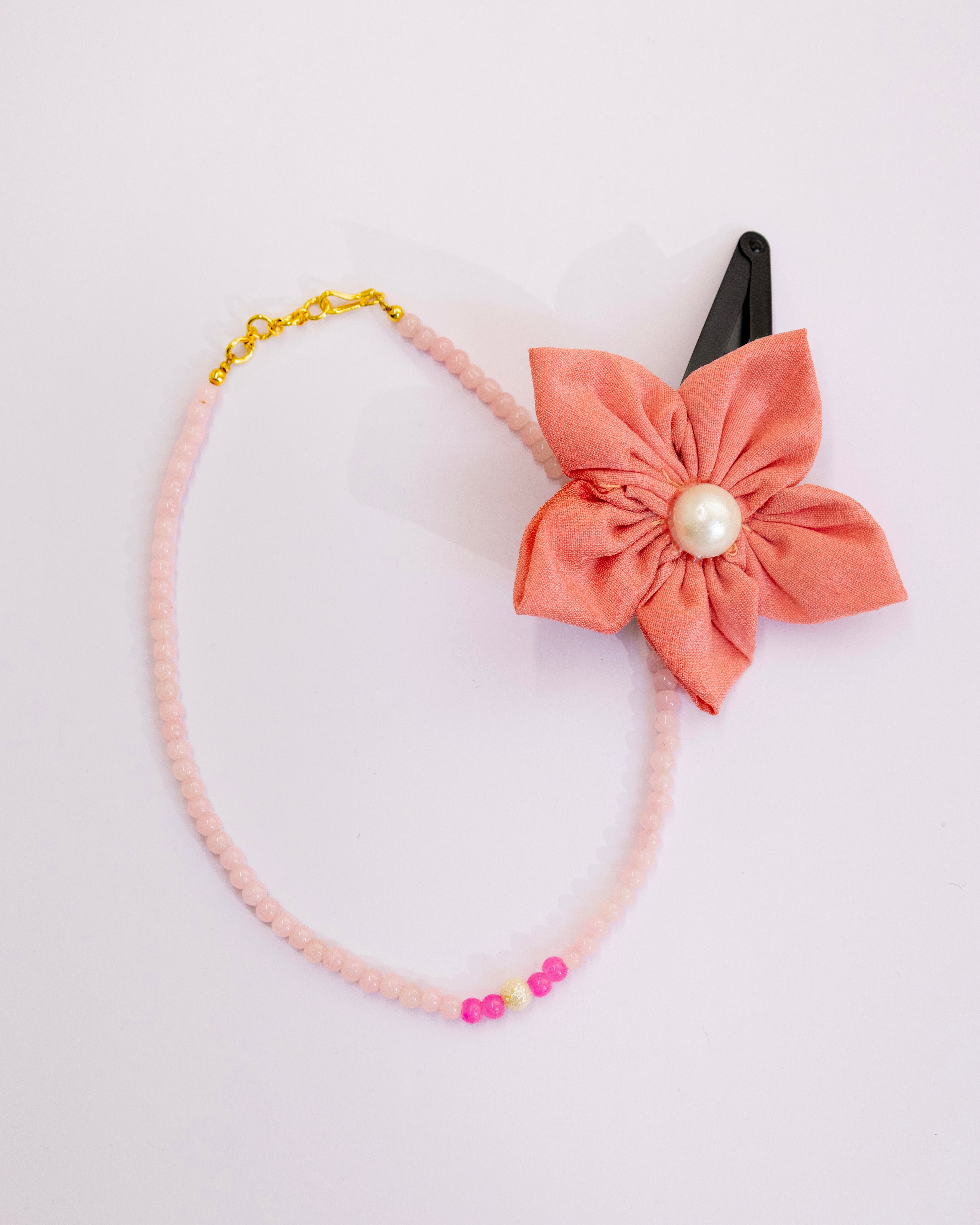 Sadabahar set - Coral Pink Glass beads necklace and matching flower clip for Girls
