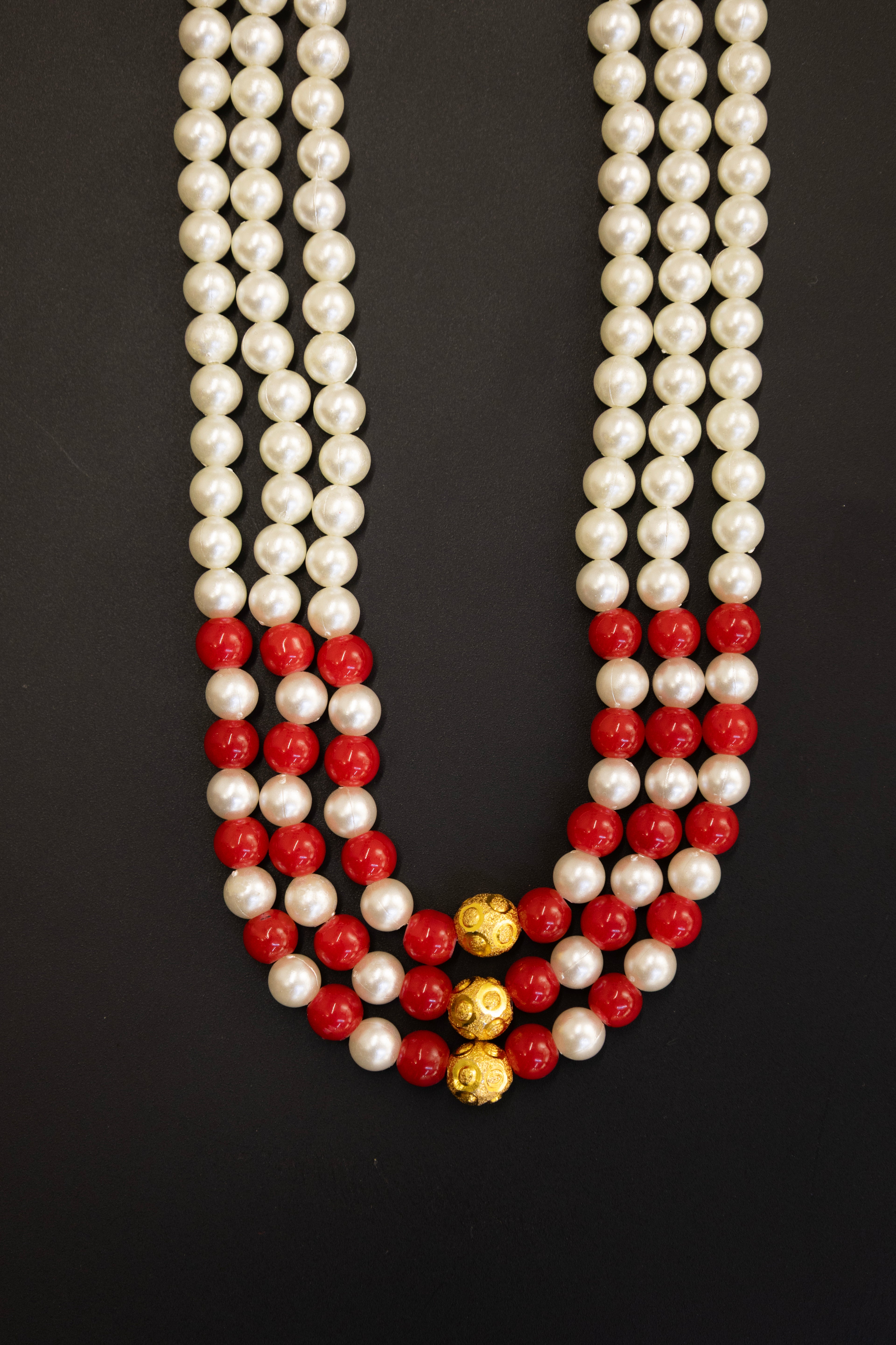 Pearl Triple Layer Kanthi with Red Glass beads and Golden bead findings for Batu