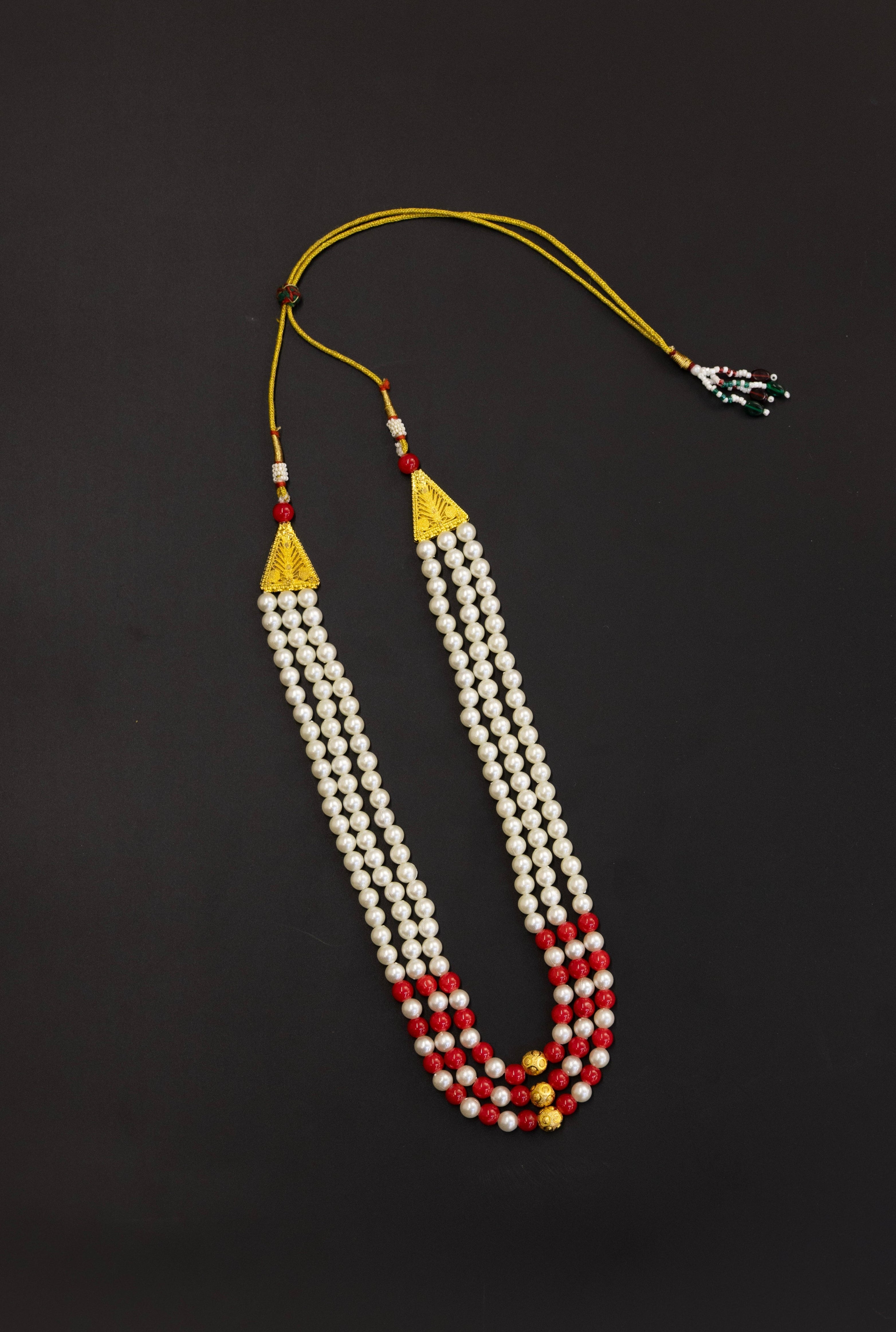 Pearl Triple Layer Kanthi with Red Glass beads and Golden bead findings for Batu