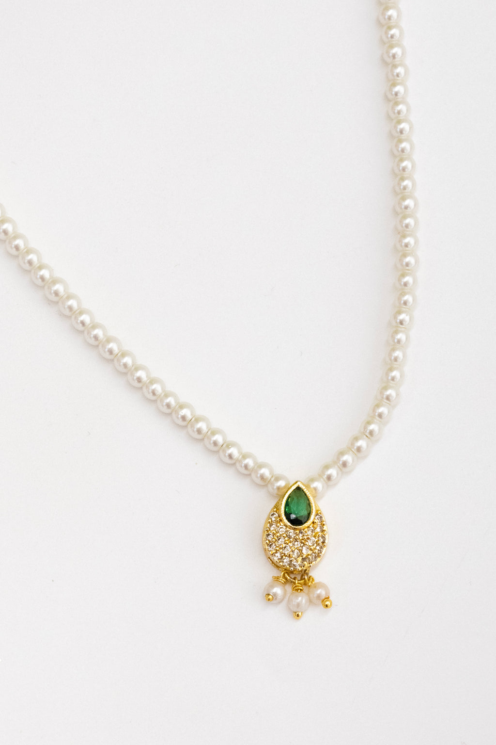 Aabha Set - Glass pearls necklace with Green Kundan drop shaped pendant and matching earrings for Girls