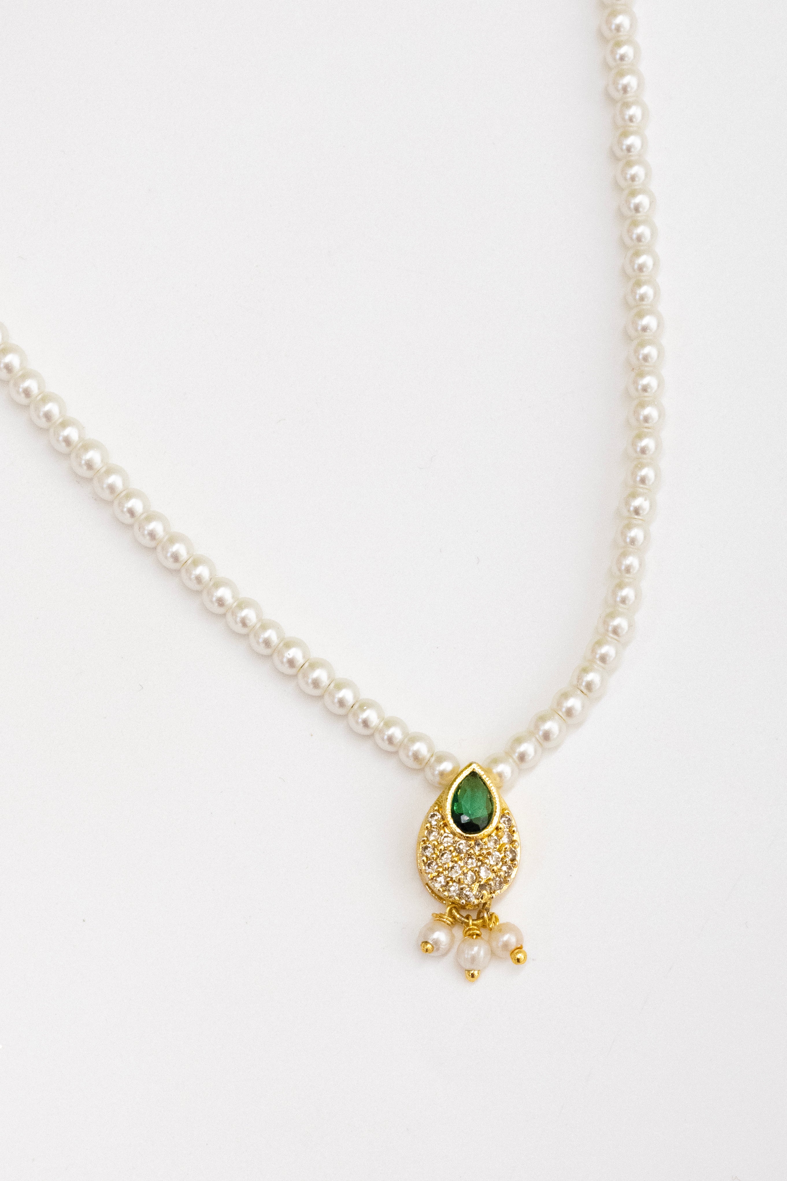 Aabha Set - Glass pearls necklace with Green Kundan drop shaped pendant and matching earrings for Girls