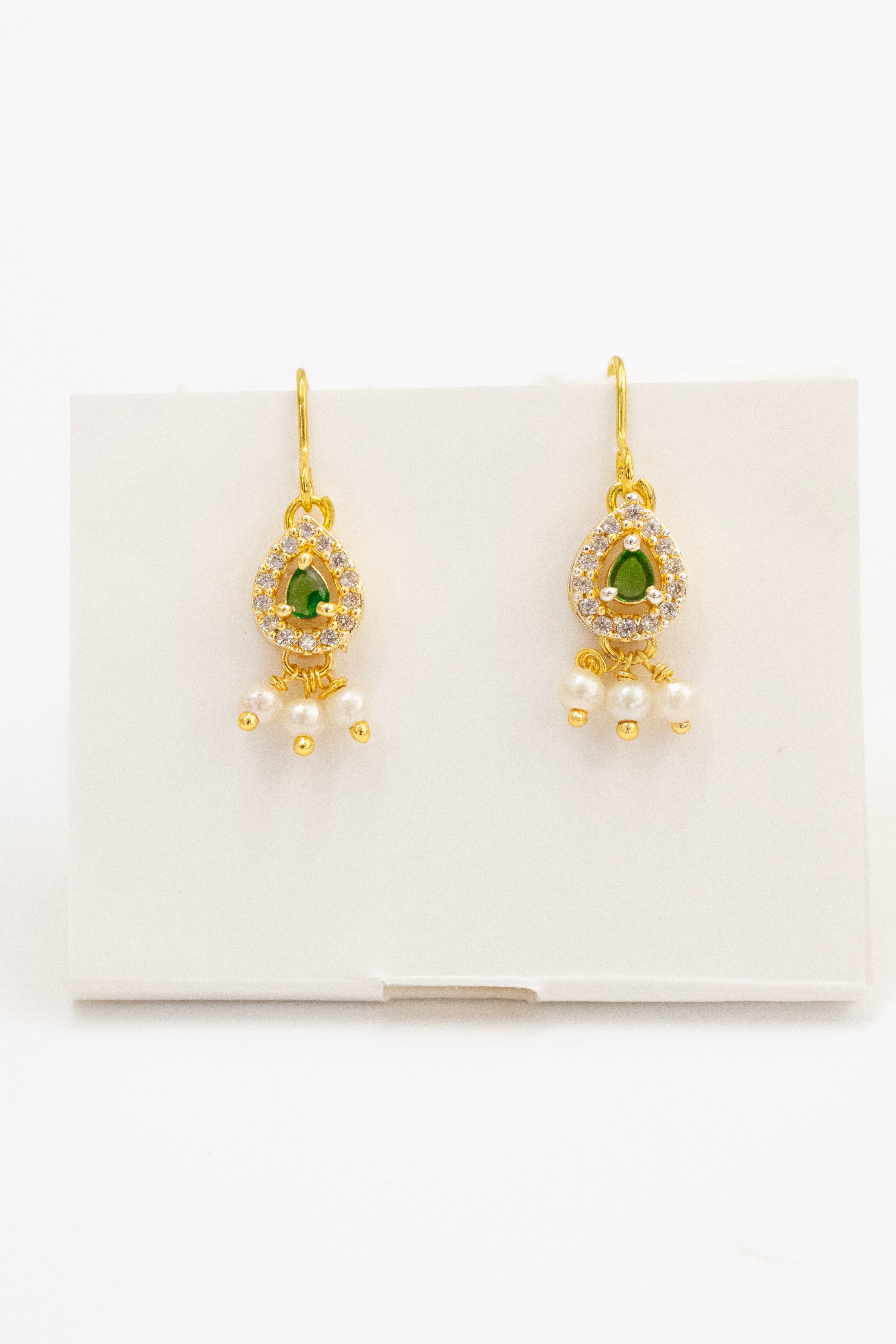 Aabha Set - Glass pearls necklace with Green Kundan drop shaped pendant and matching earrings for Girls