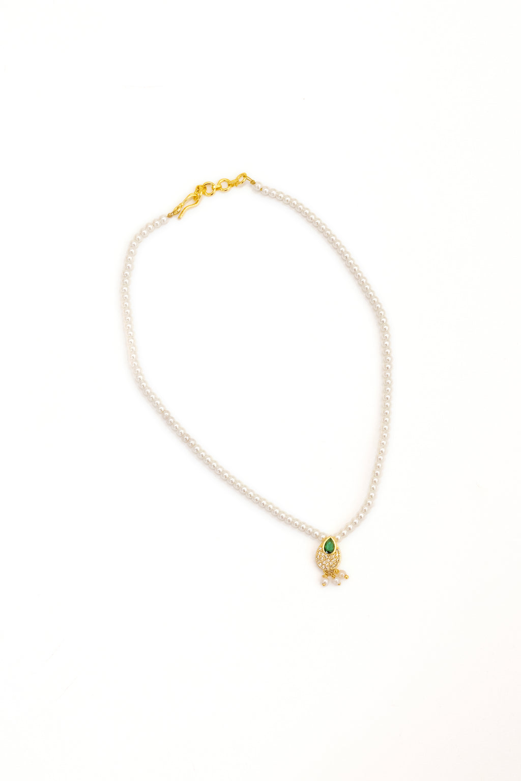 Aabha Set - Glass pearls necklace with Green Kundan drop shaped pendant and matching earrings for Girls