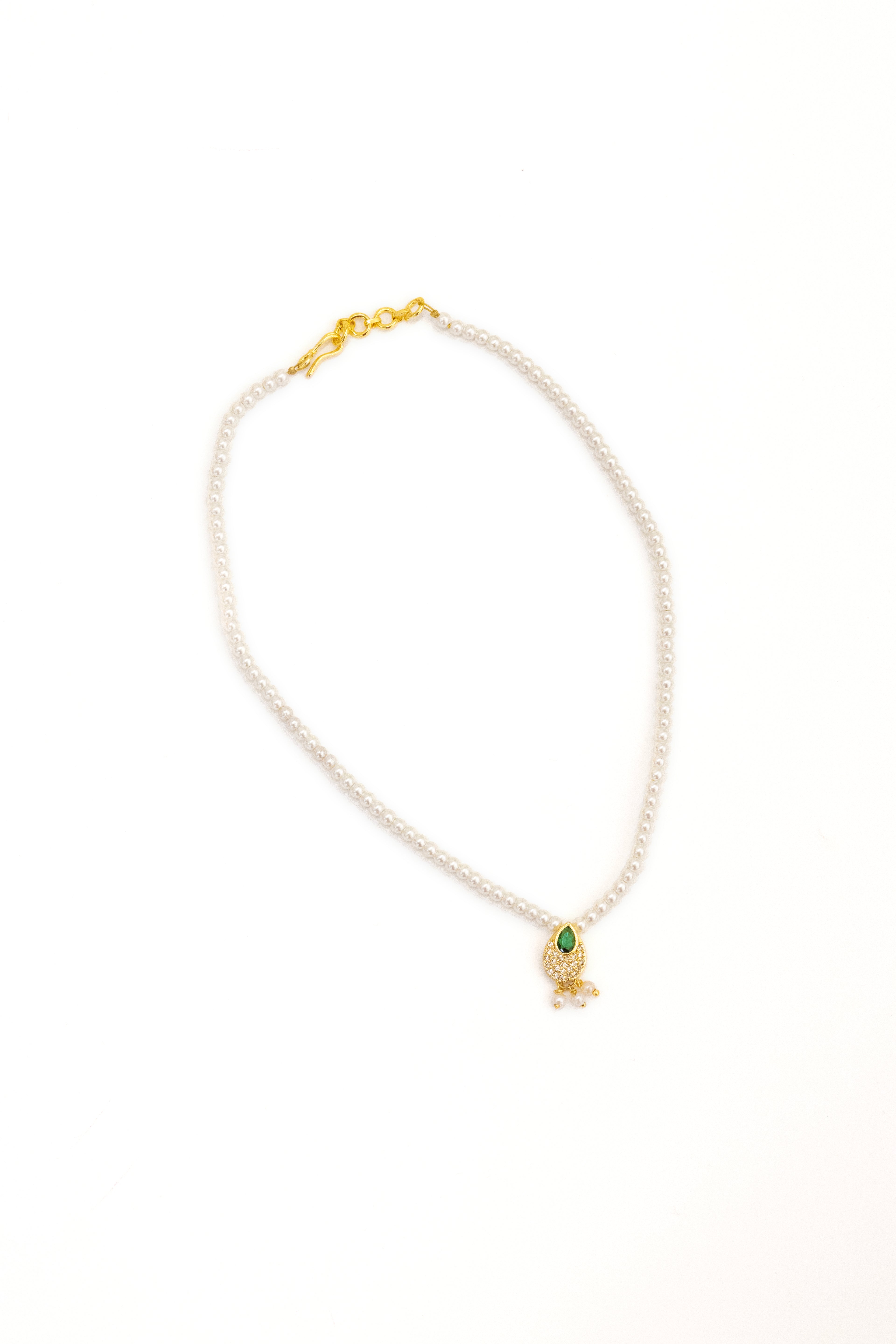 Aabha Set - Glass pearls necklace with Green Kundan drop shaped pendant and matching earrings for Girls