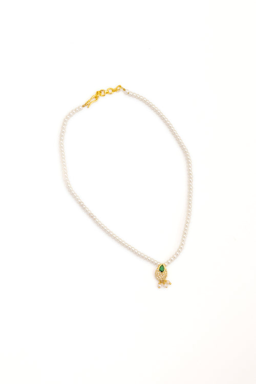 Aabha Set - Glass pearls necklace with Green Kundan drop shaped pendant and matching earrings for Girls