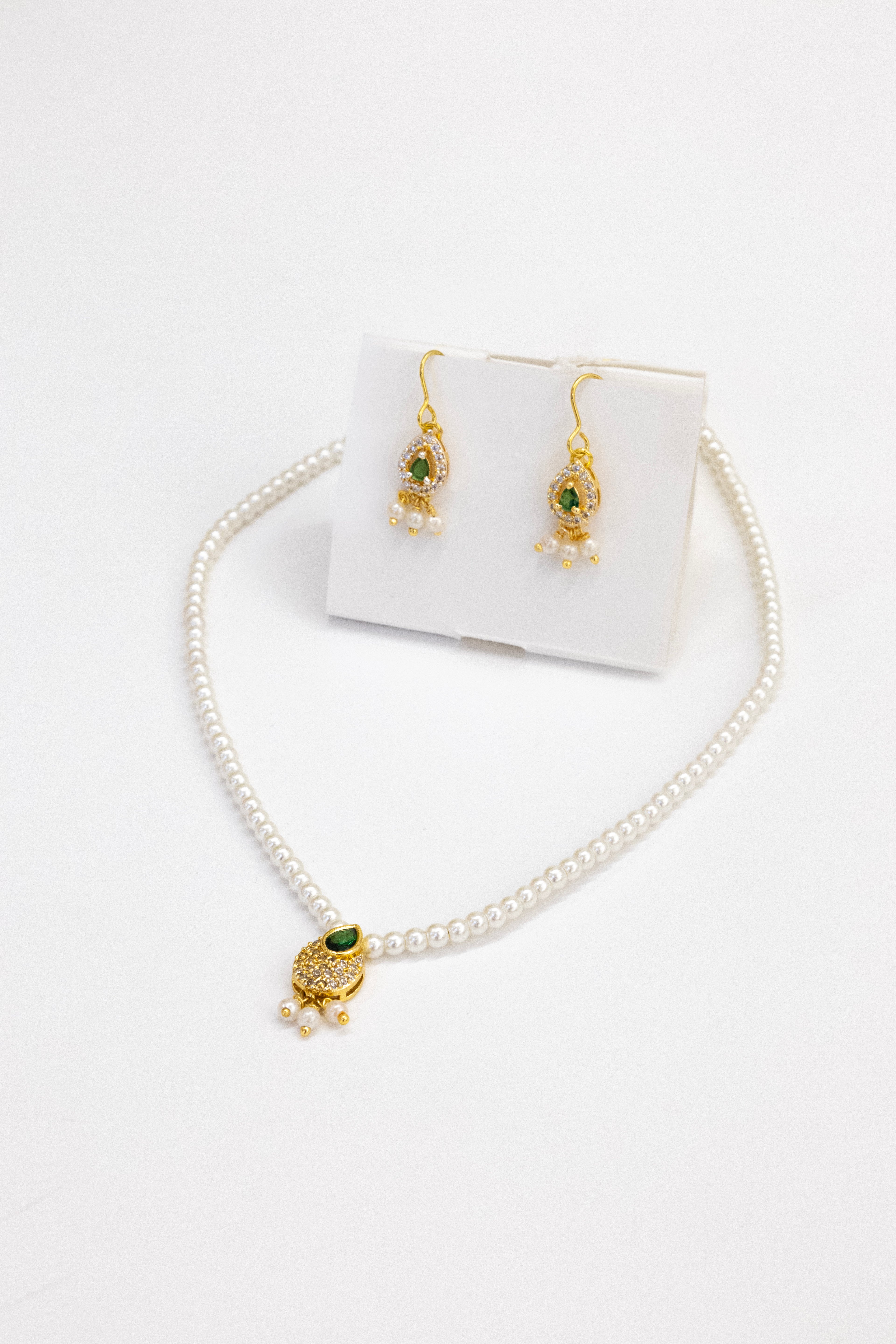 Aabha Set - Glass pearls necklace with Green Kundan drop shaped pendant and matching earrings for Girls