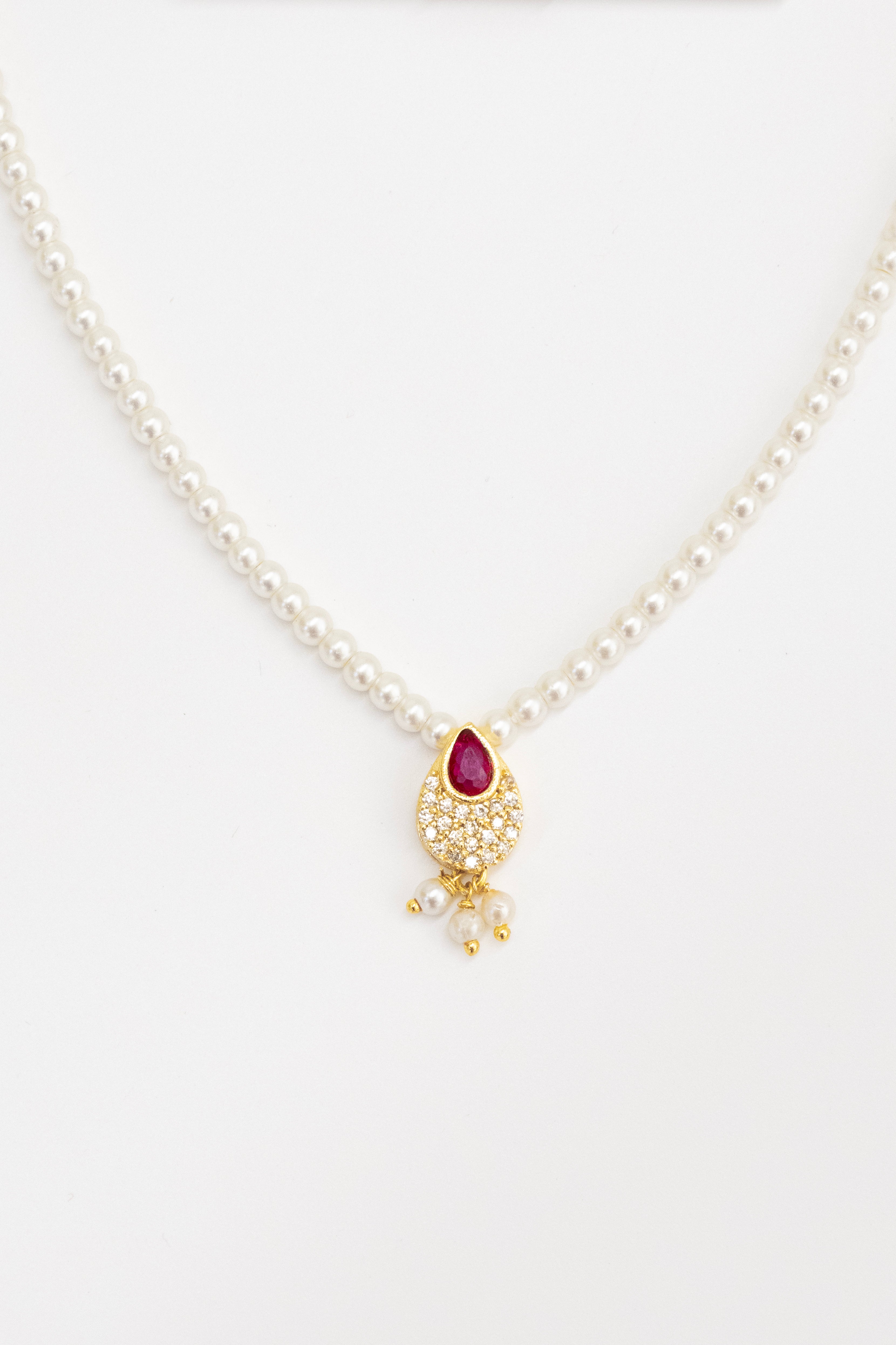 Aabha Set - Glass pearls necklace with Pink Kundan drop shaped pendant and matching earrings for Girls