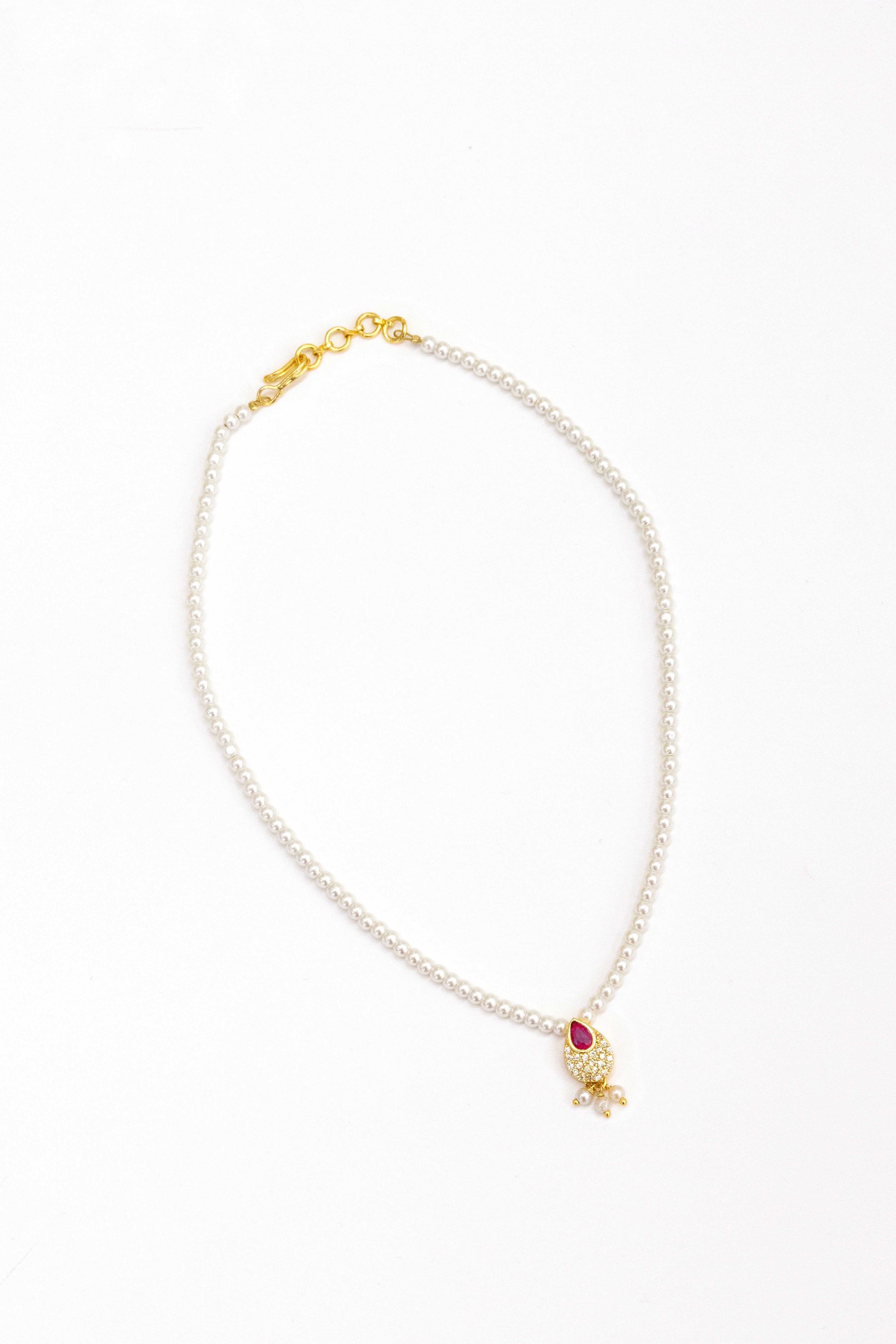 Aabha Set - Glass pearls necklace with Pink Kundan drop shaped pendant and matching earrings for Girls