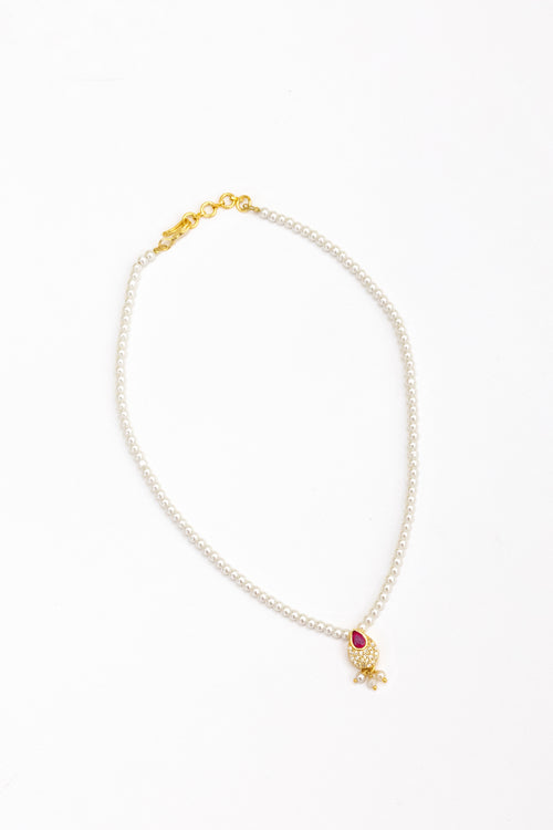 Aabha Set - Glass pearls necklace with Pink Kundan drop shaped pendant and matching earrings for Girls