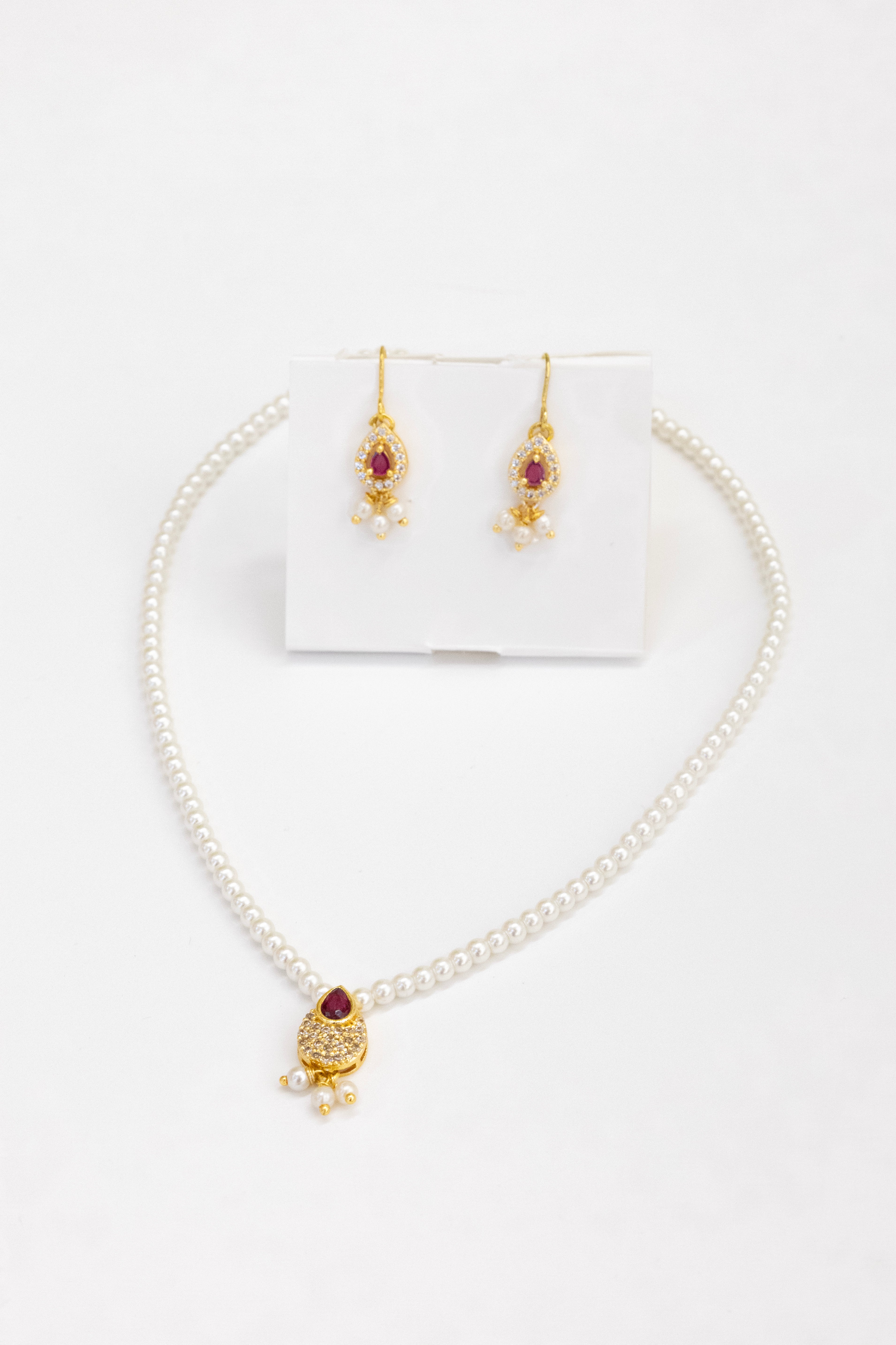 Aabha Set - Glass pearls necklace with Pink Kundan drop shaped pendant and matching earrings for Girls