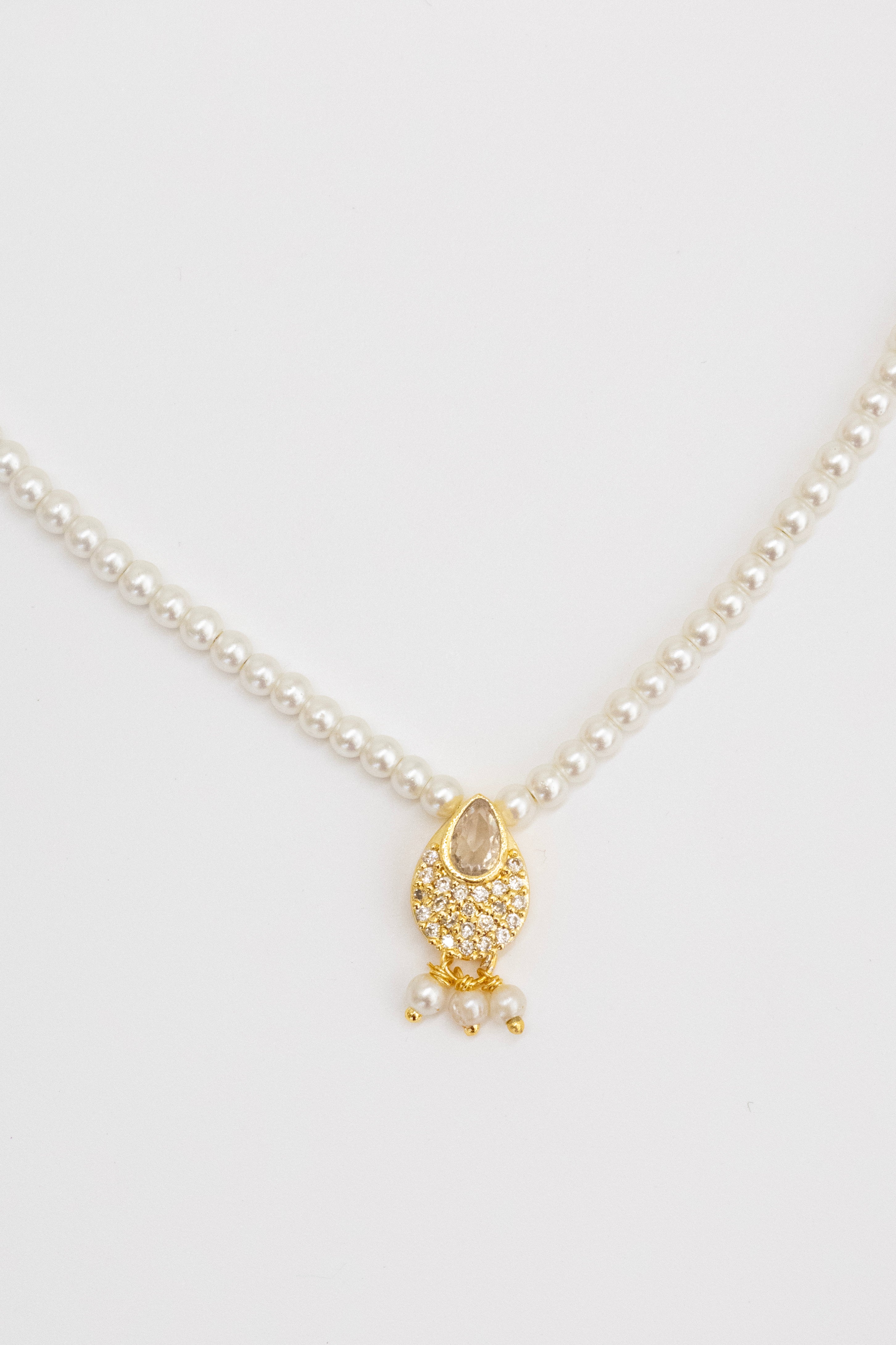 Aabha Set - Glass pearls necklace with White Kundan drop shaped pendant and matching earrings for Girls