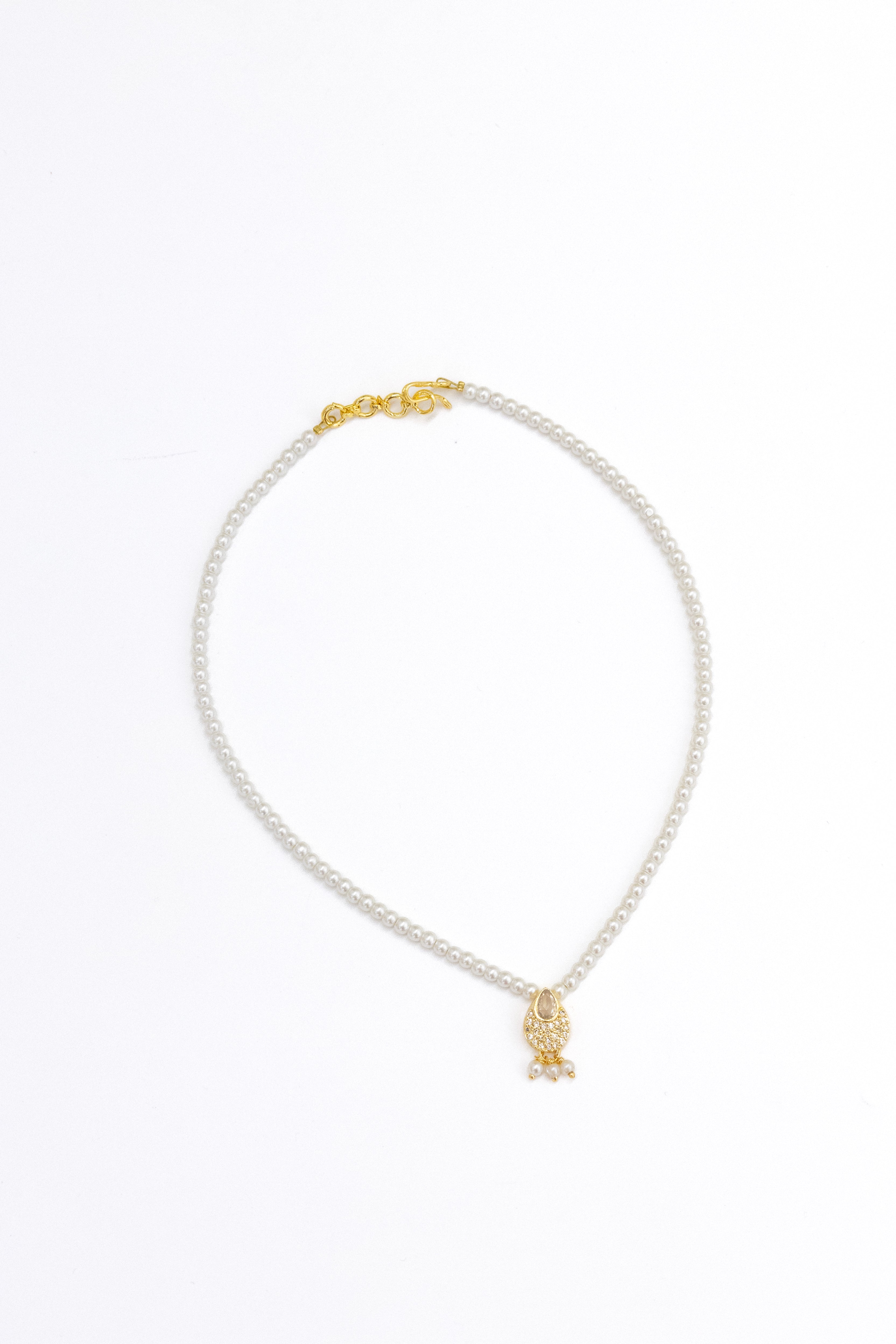 Aabha Set - Glass pearls necklace with White Kundan drop shaped pendant and matching earrings for Girls