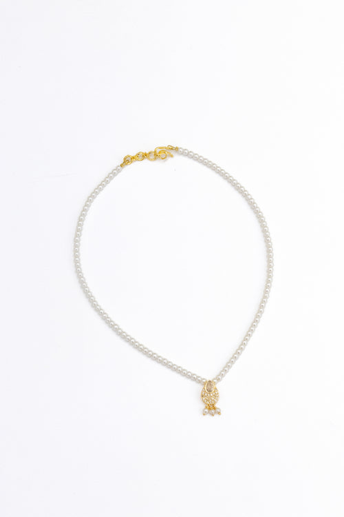 Aabha Set - Glass pearls necklace with White Kundan drop shaped pendant and matching earrings for Girls