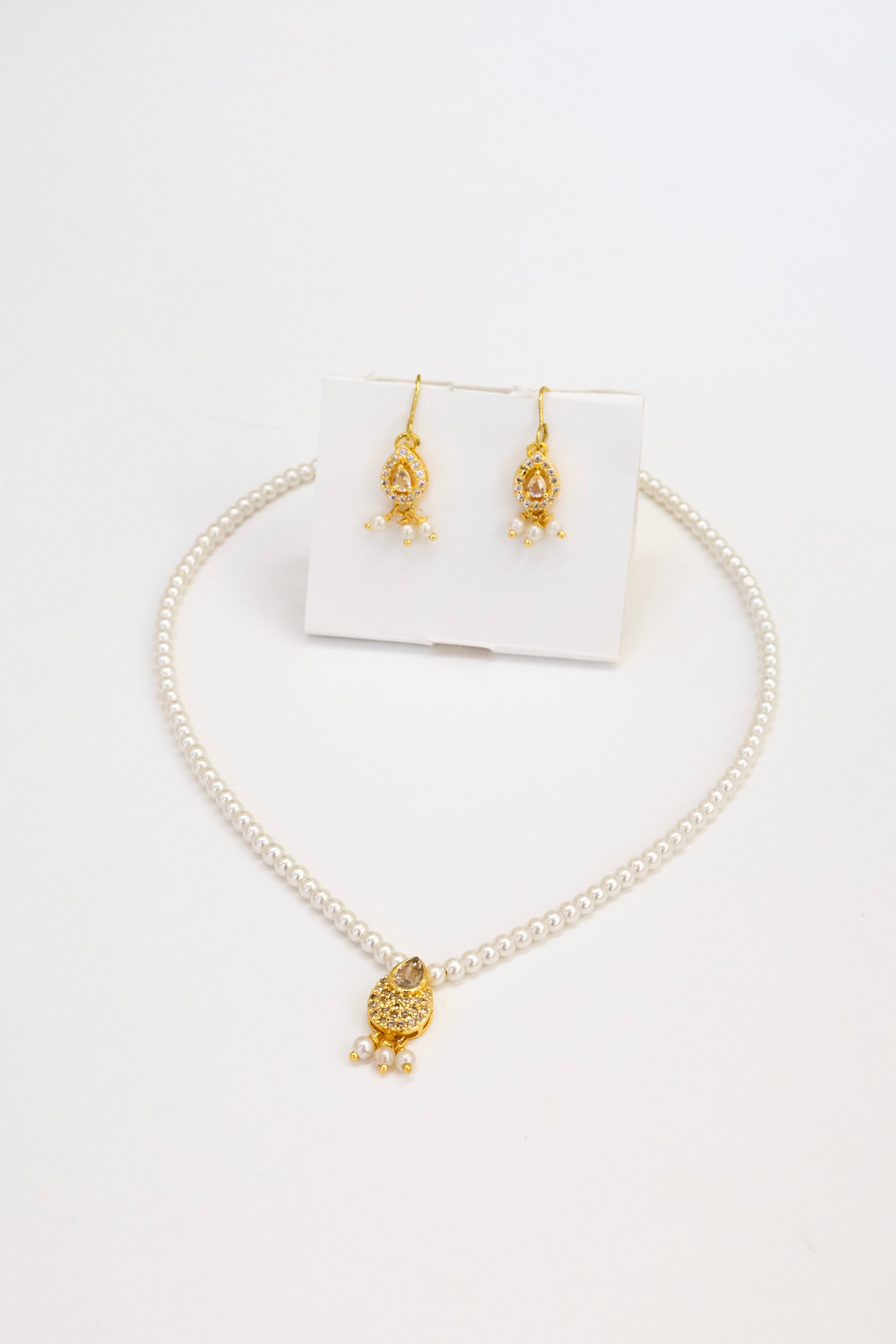 Aabha Set - Glass pearls necklace with White Kundan drop shaped pendant and matching earrings for Girls