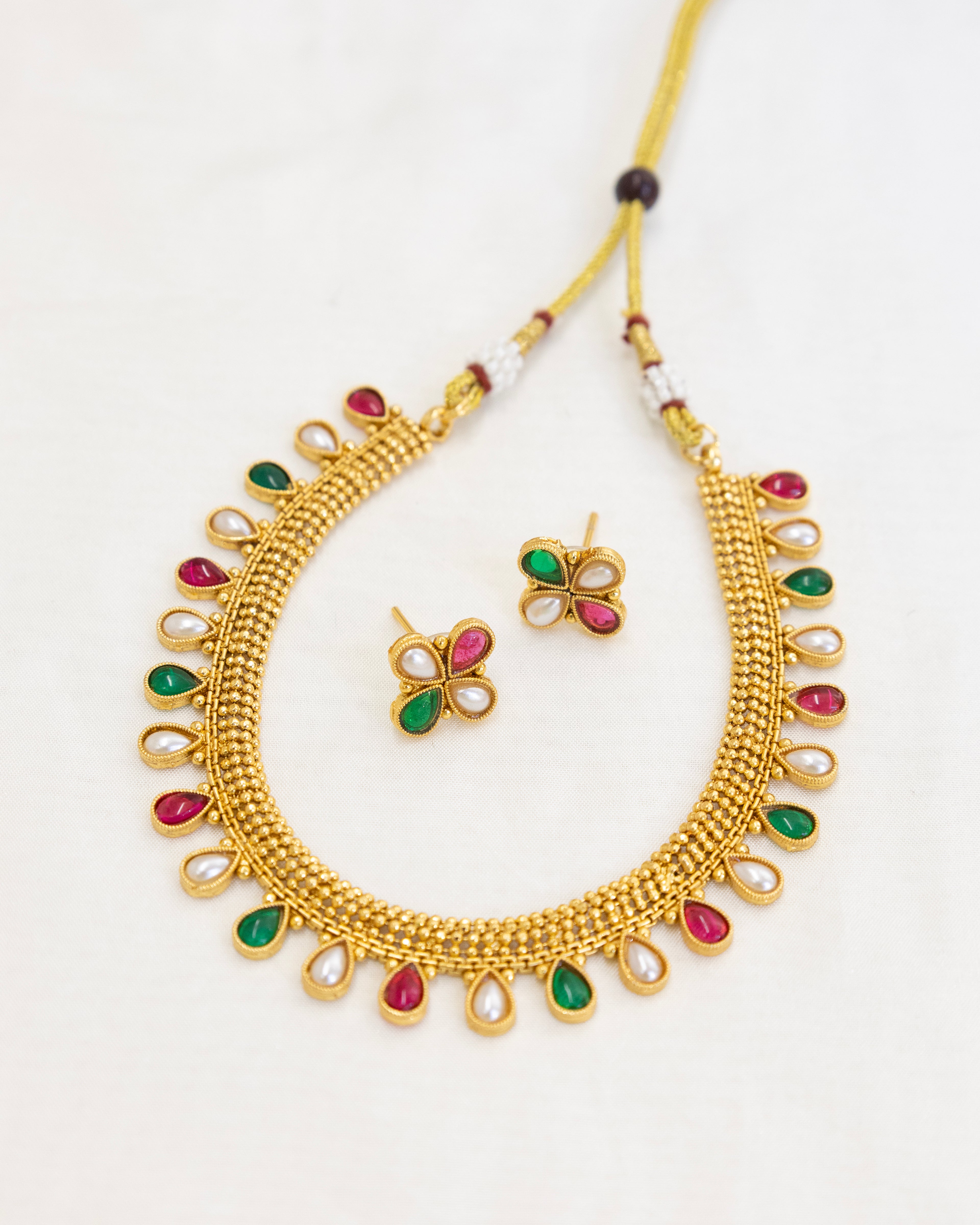 Multicolour Kundan and Pearls studded choker with matching earrings for Girls