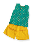 Daksh Set - Rama Green brocade silk sleeveless vest with a yellow cotton silk elastic waist short pants for newborn boy