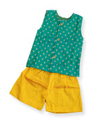 Daksh Set - Rama Green brocade silk sleeveless vest with a yellow cotton silk elastic waist short pants for newborn boy