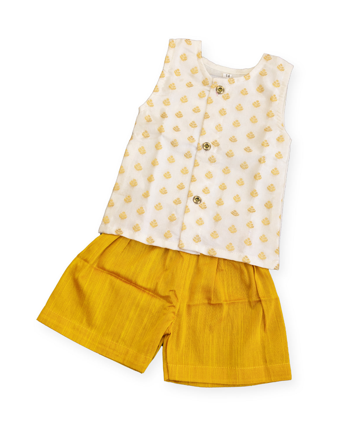 Daksh Set - Ivory white brocade silk sleeveless vest with a yellow cotton silk elastic waist short pants for newborn boy