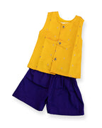 Daksh Baby Boy Yellow Brocade Silk Vest & Blue Pants Set