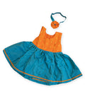 Anaya set - Orange brocade silk bodice with teal blue pooja silk flared front open dress for newborn baby girl