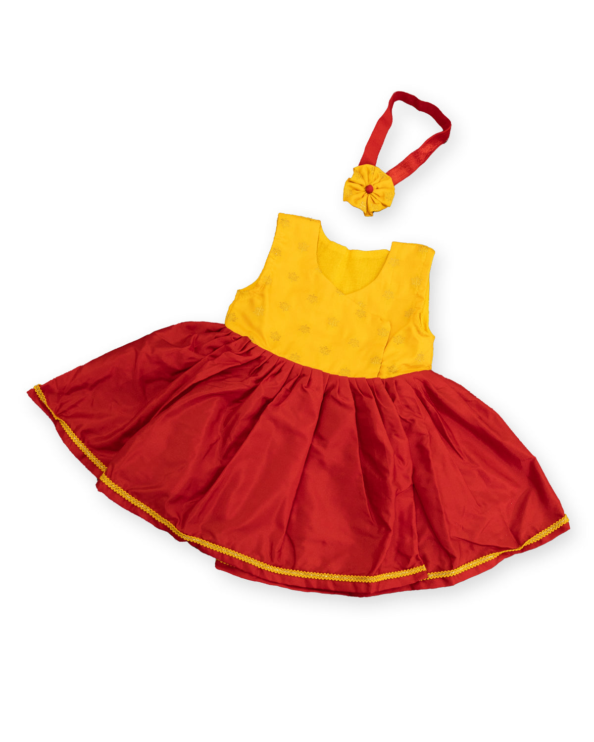Anaya set - Yellow brocade silk bodice with red pooja silk flared front open dress for newborn baby girl