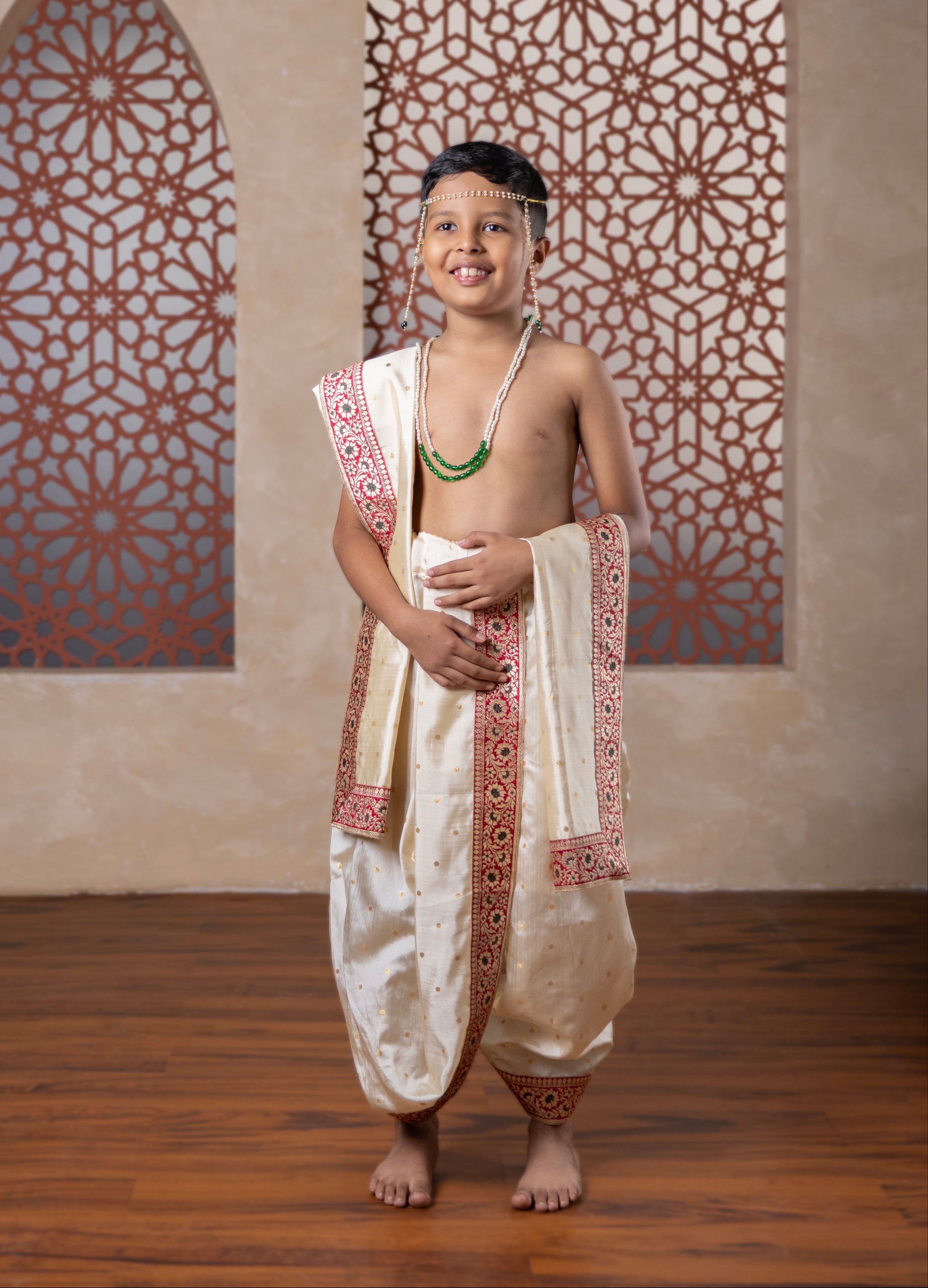 Ivory Soft taffeta silk with golden zari motifs sovale Uparane set with elaborate maroon Banarasi zari border for Batu