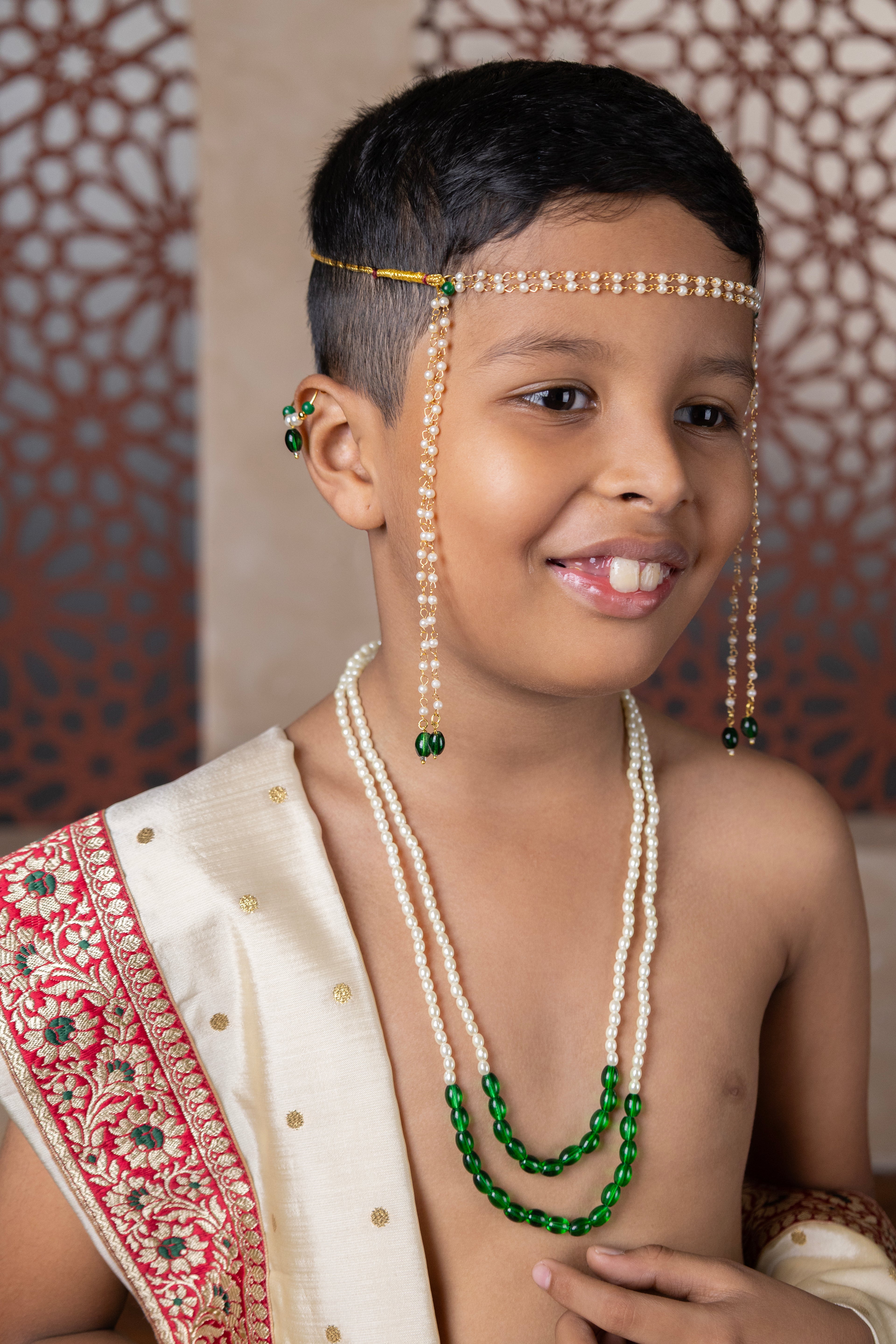 Ivory Soft taffeta silk with golden zari motifs sovale Uparane set with elaborate maroon Banarasi zari border for Batu