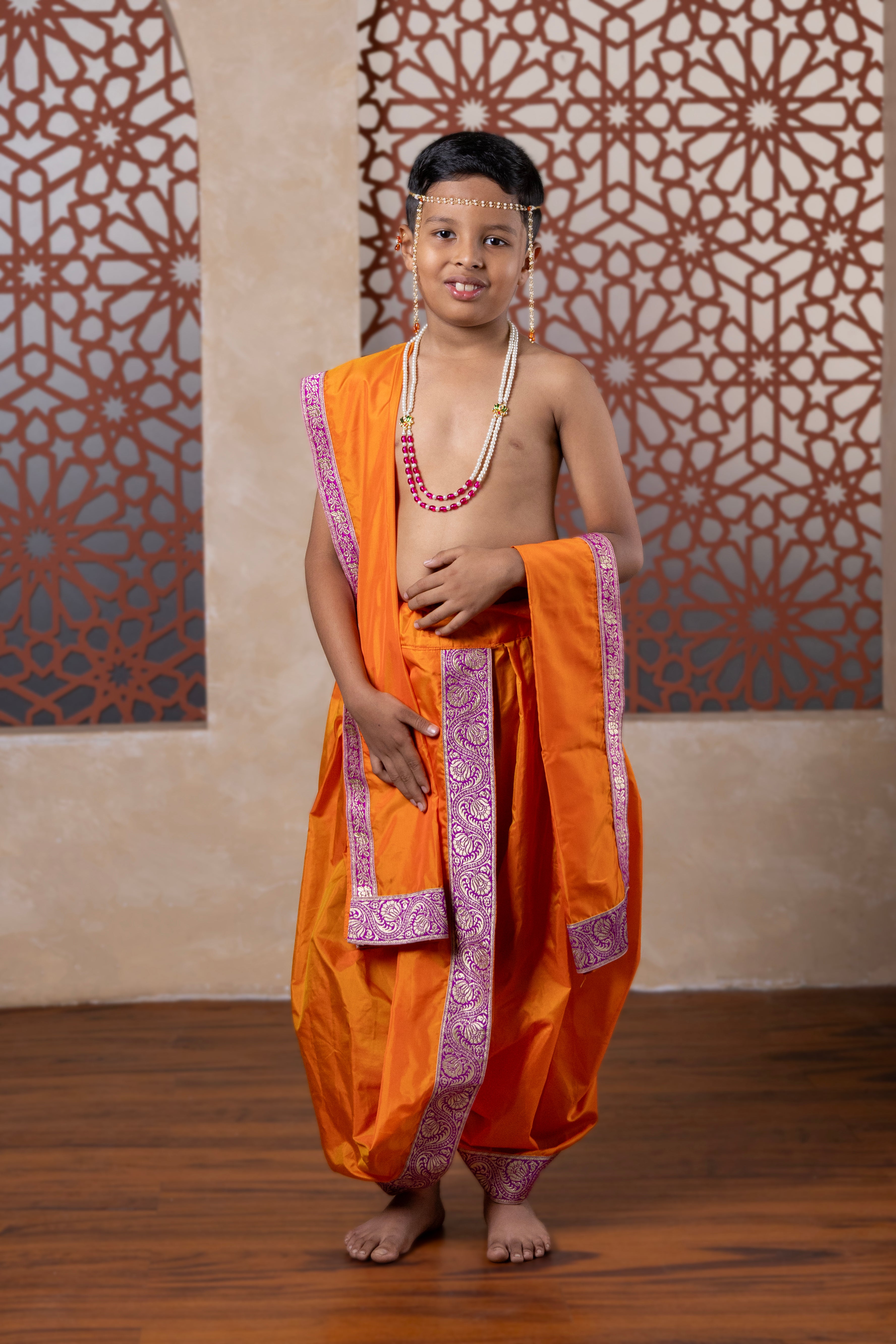 Saffron mysore silk sovale Uparane set with intricate magenta banarasi border for Batu