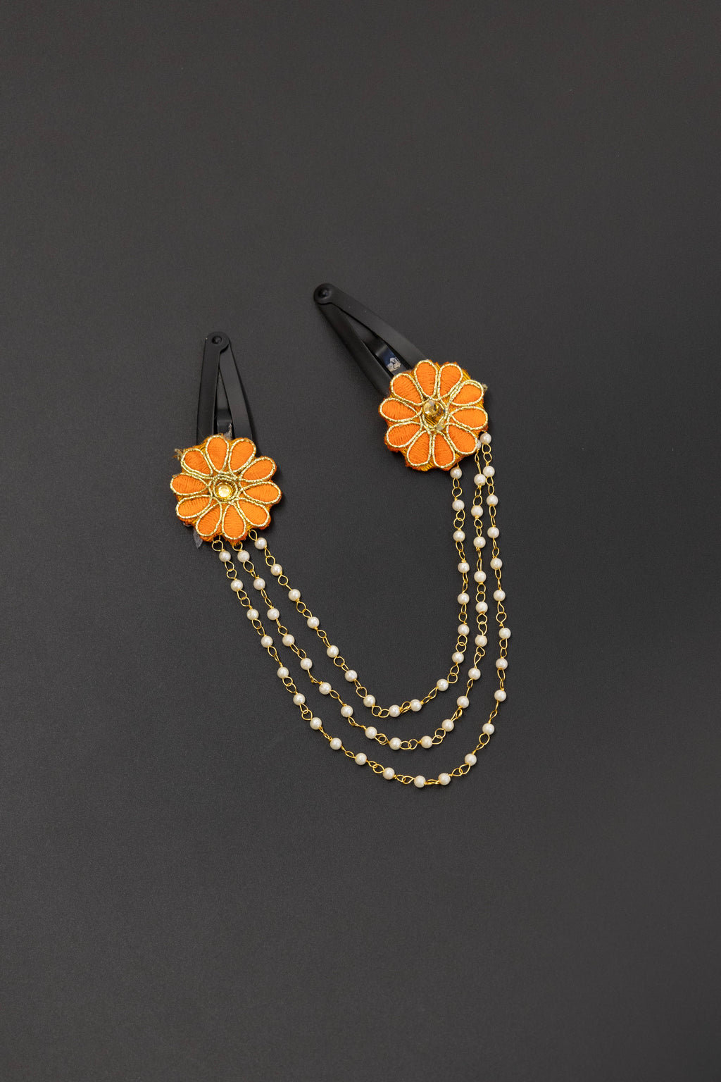Triveni - Orange two flowers triple layer Pearl chain Hair clips for Girls