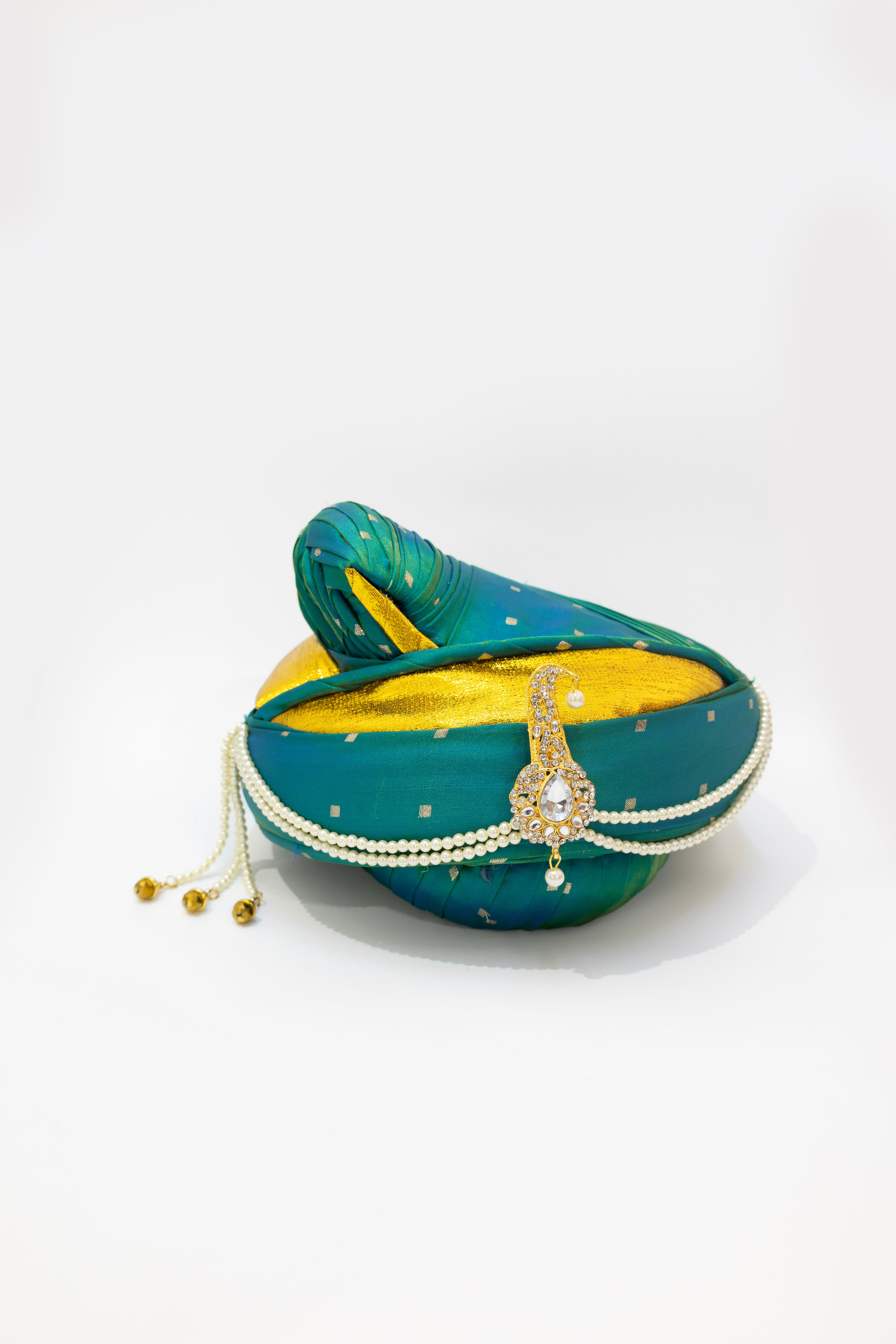 Aqua Green satin taffeta Peshwai Pagadi for Batu embellished with white stones brooch and Pearls Mala