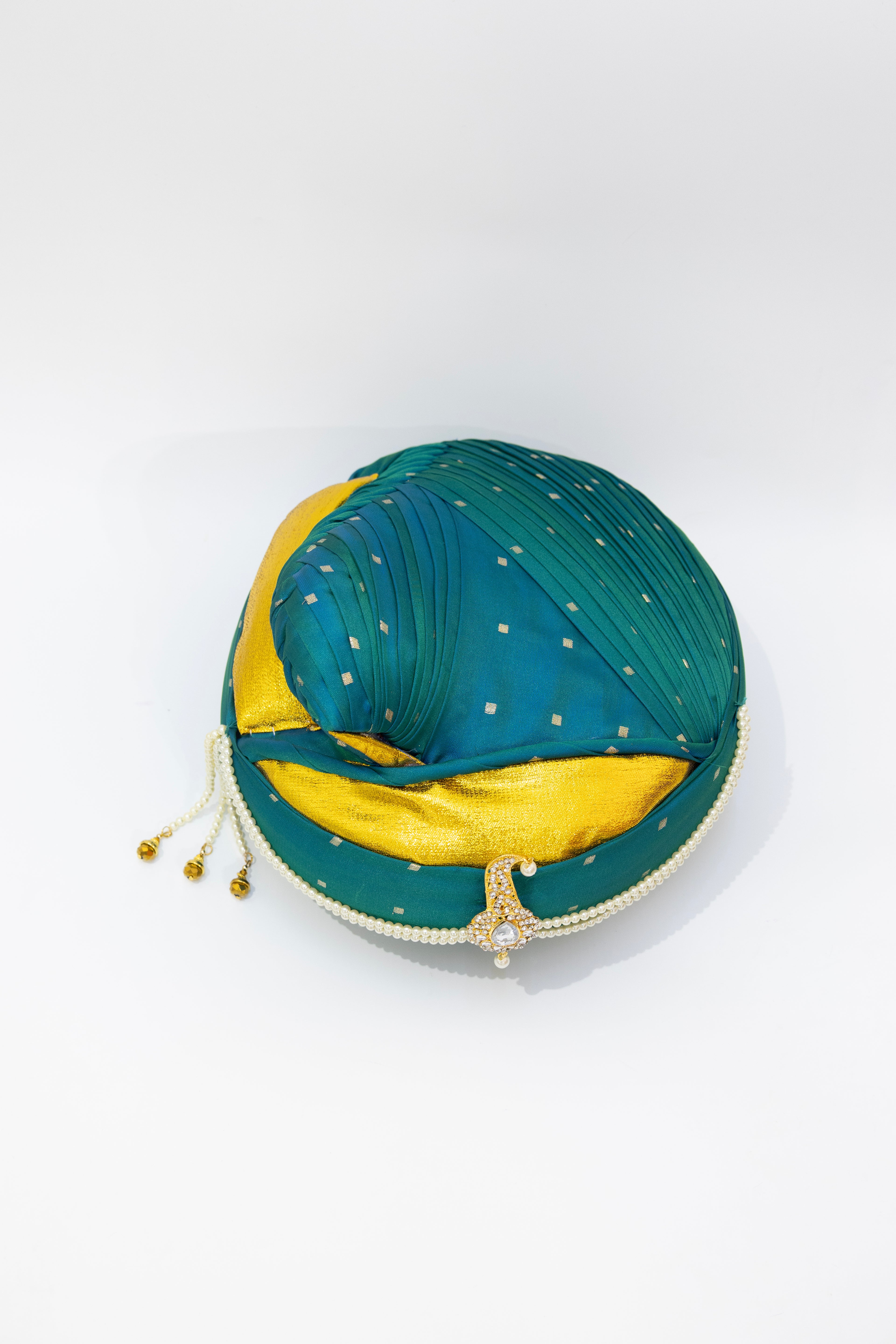 Aqua Green satin taffeta Peshwai Pagadi for Batu embellished with white stones brooch and Pearls Mala