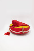 Scarlet Red satin taffeta Peshwai Pagadi for Batu embellished with Red stones brooch and Pearls Mala