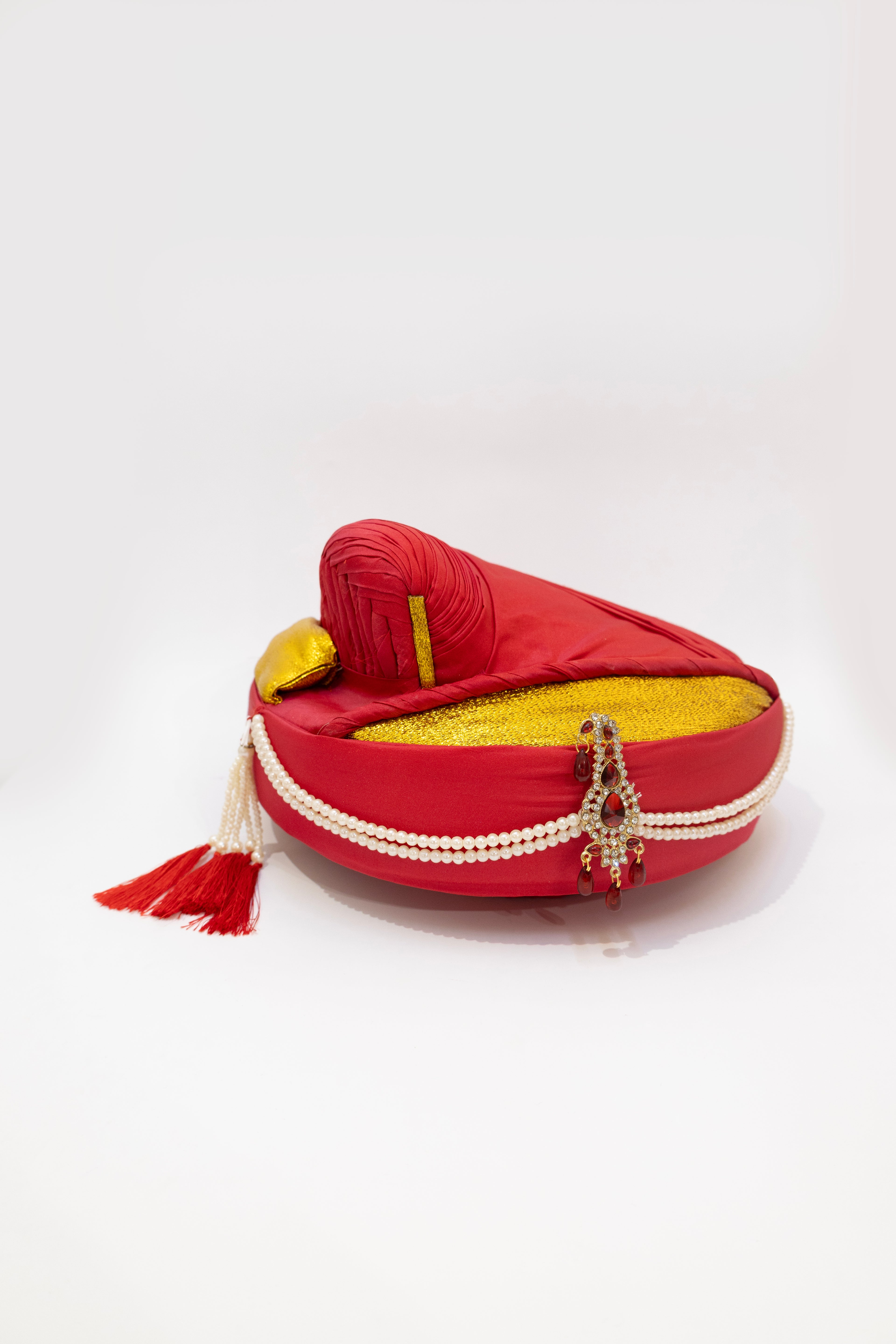 Scarlet Red satin taffeta Peshwai Pagadi for Batu embellished with Red stones brooch and Pearls Mala