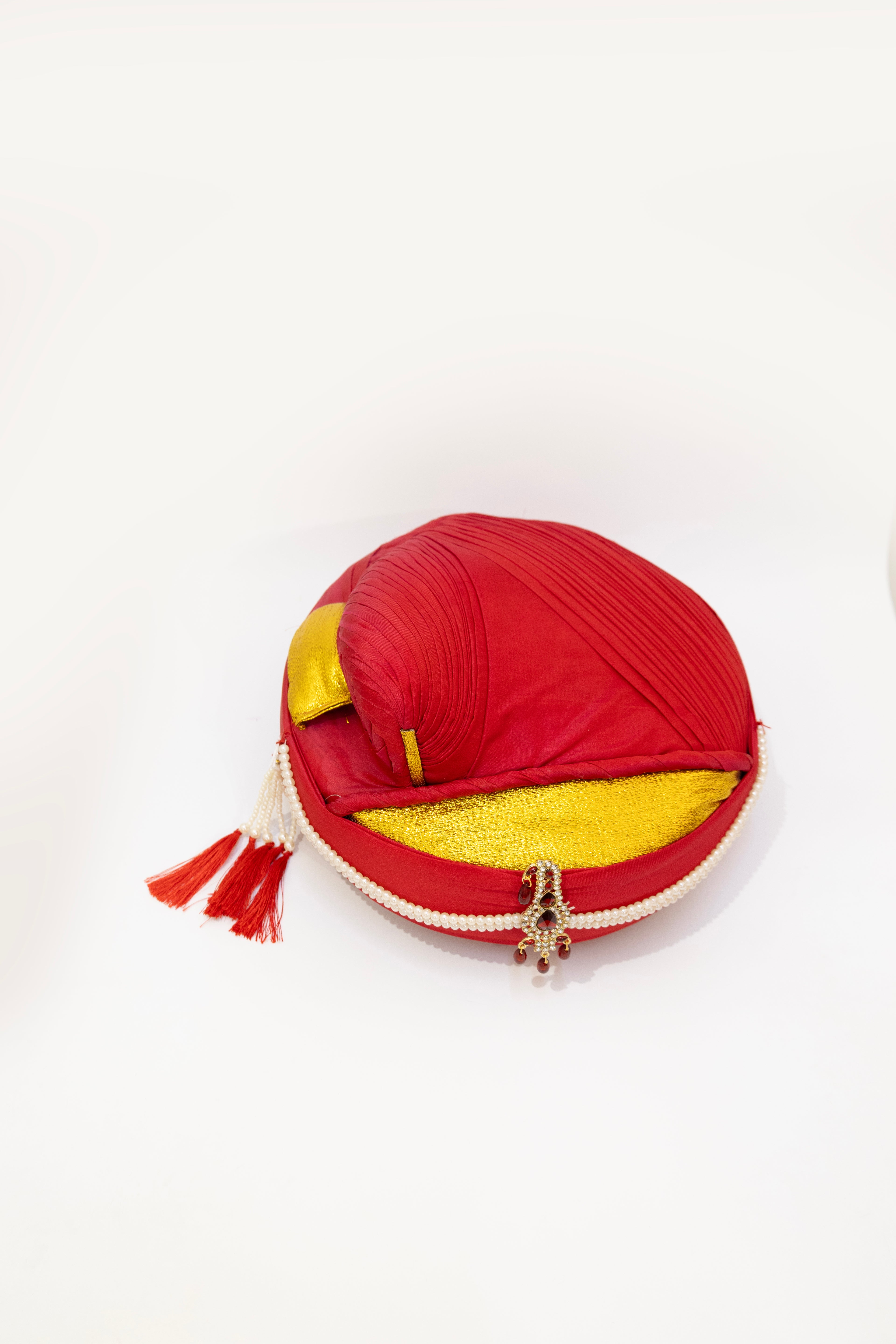 Scarlet Red satin taffeta Peshwai Pagadi for Batu embellished with Red stones brooch and Pearls Mala