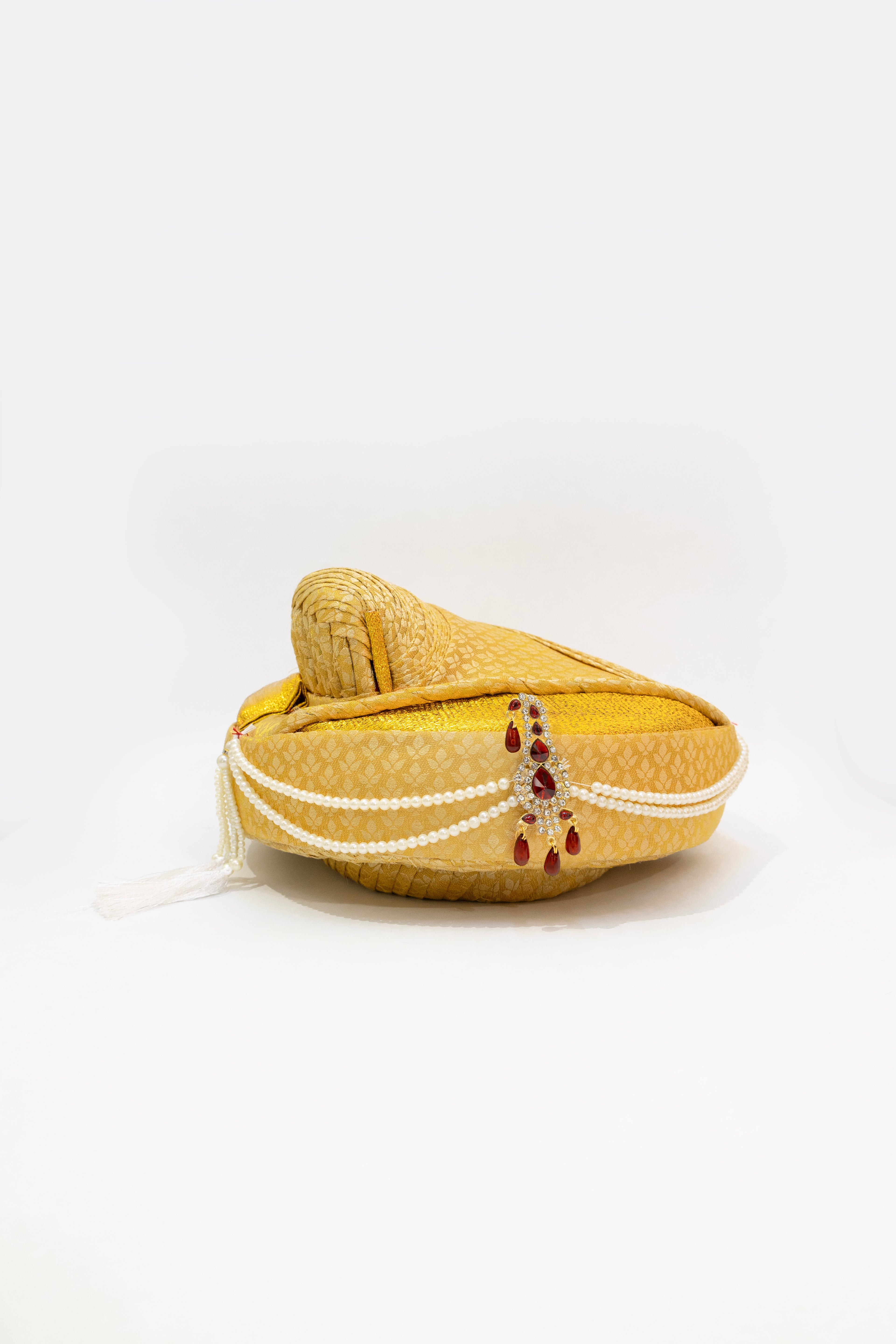Golden Brocade Peshwai Pagadi for Batu embellished with Red stones brooch and Pearls Mala