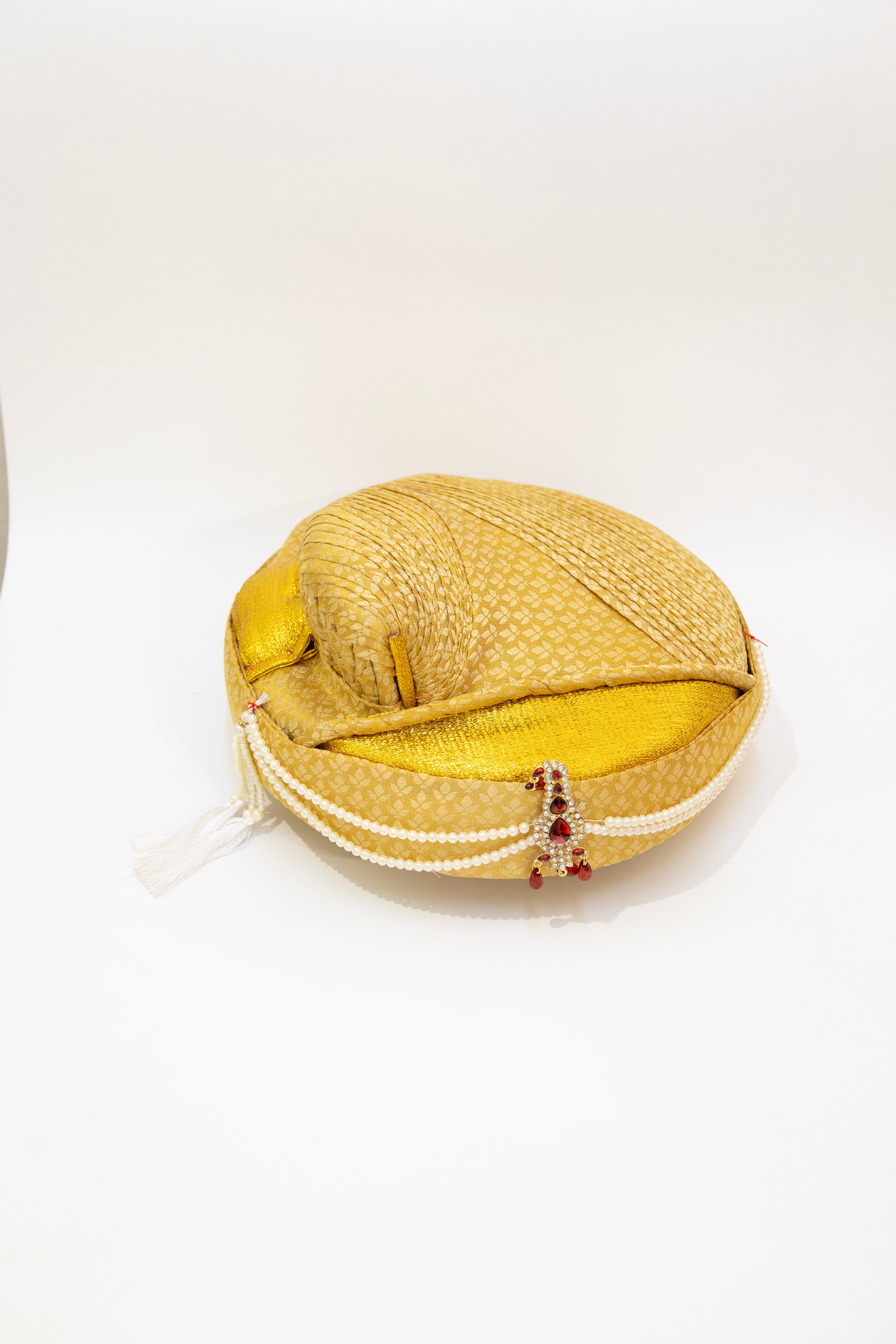 Golden Brocade Peshwai Pagadi for Batu embellished with Red stones brooch and Pearls Mala
