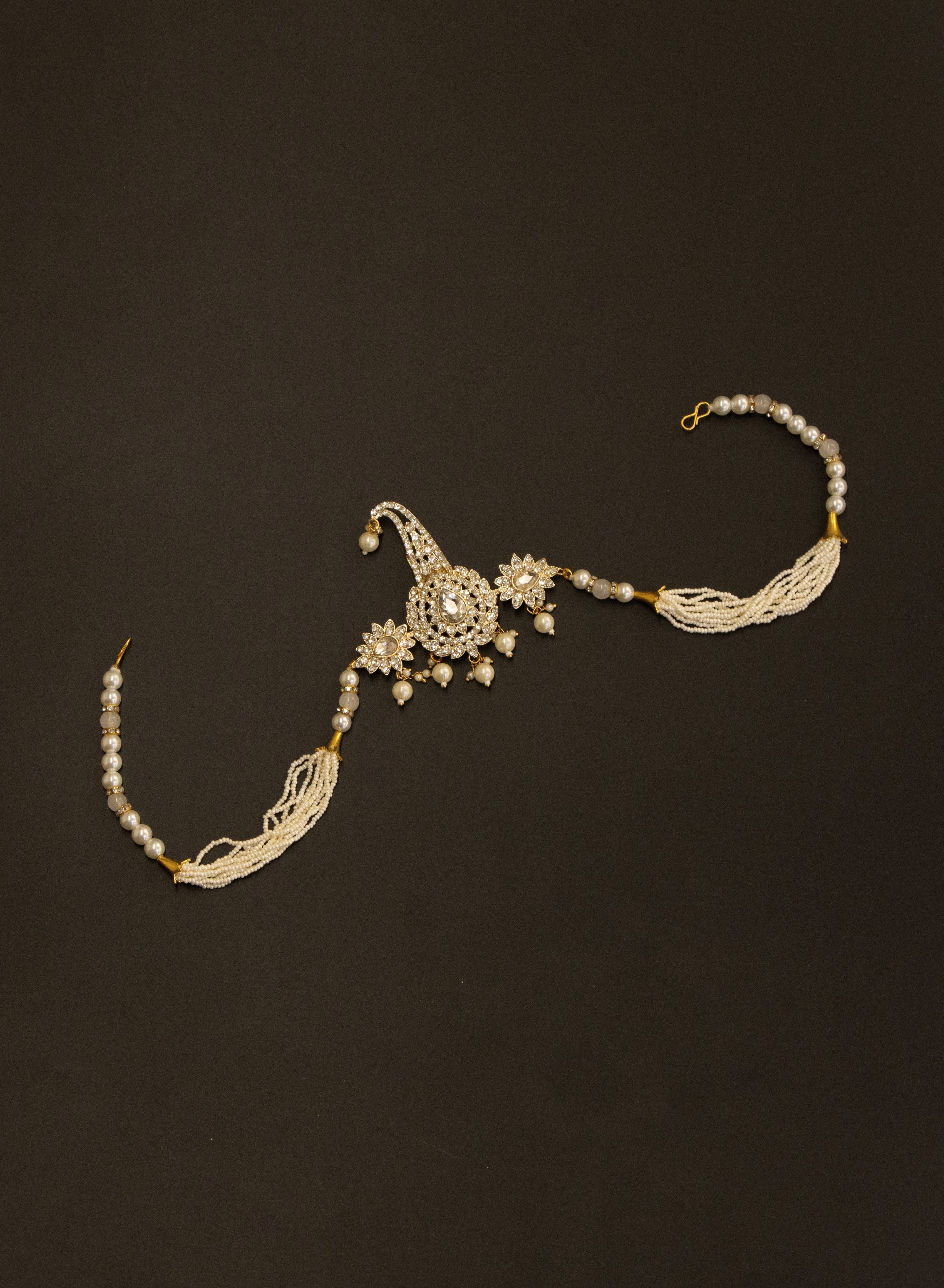 White Kundan Pagadi Brooch with Pearls and stones Maala attachment for Batu\ Groom