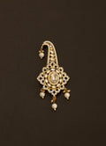 White stones and Kundan studed Golden finish square shaped pagadi brooch with pearls for Batu\Groom