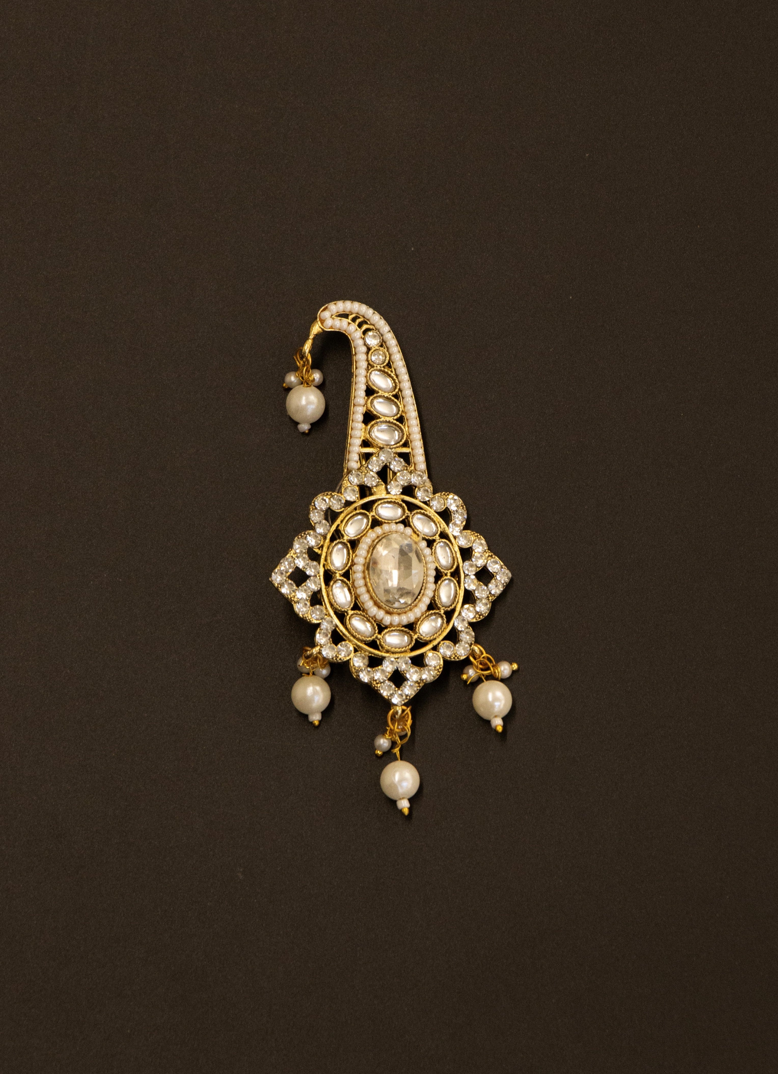 White stones and Kundan studed Golden finish square shaped pagadi brooch with pearls for Batu\Groom